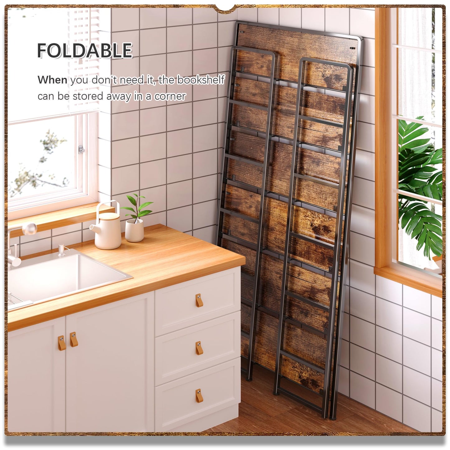 4NM No Assembly Extra Wide 6 Tiers Folding Bookshelf Storage Shelves Vintage Bookcase Standing Racks Study Organizer Home Office (Rustic Brown Black)