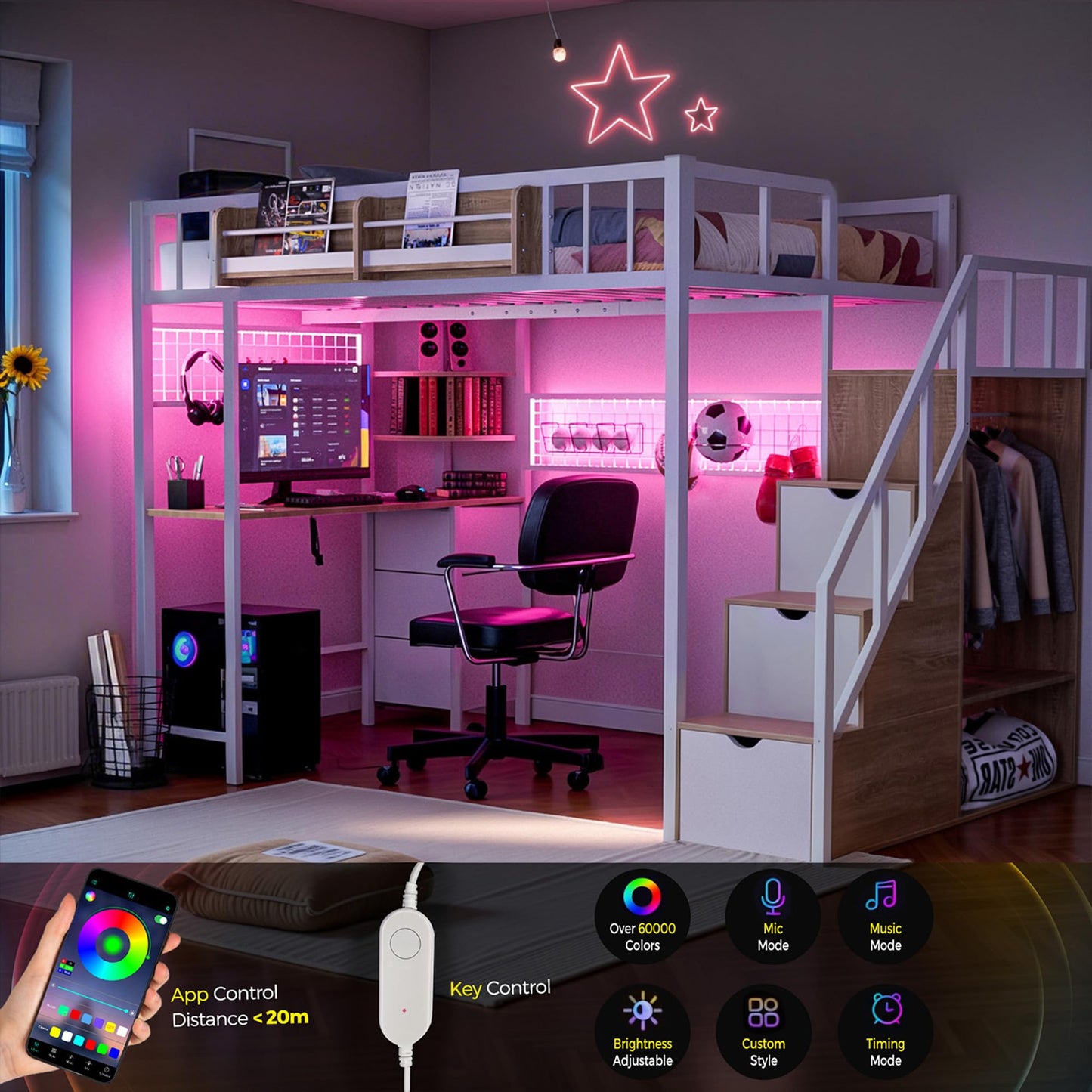advwin Twin Size Loft Bed with Desk and Stairs, Storage Drawers and Shelves, Charging Station, LED Light, Safety Guardrail & Ladders, Metal Loft Bed Frame Gaming Bed for Adult, Space-Saving, White