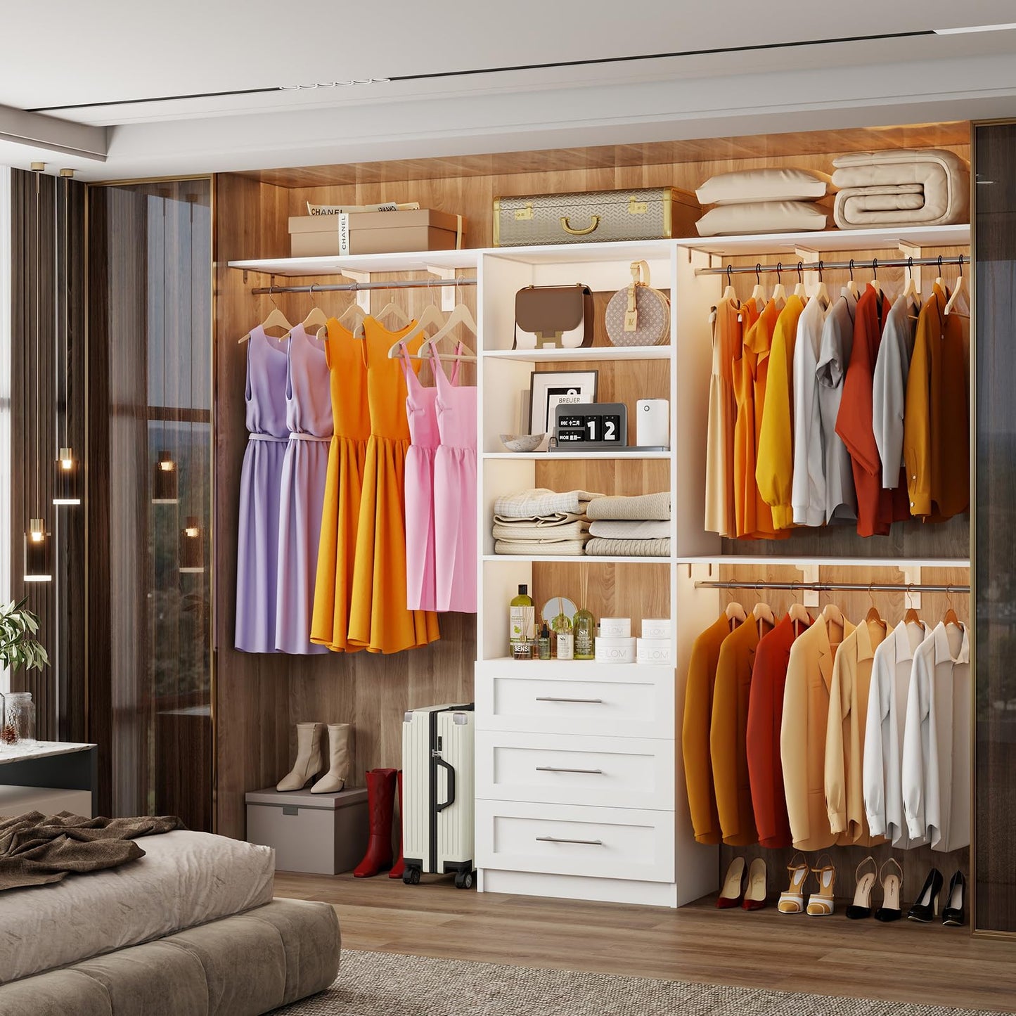 secilix Closet System with 3 Wood Drawers, 5-8FT Closet Organizer System with Cuttable Shelves for Walk in Closet with 3 Expandable Hanging Rods, Heavy Duty Built-in Closet for Bedroom, White