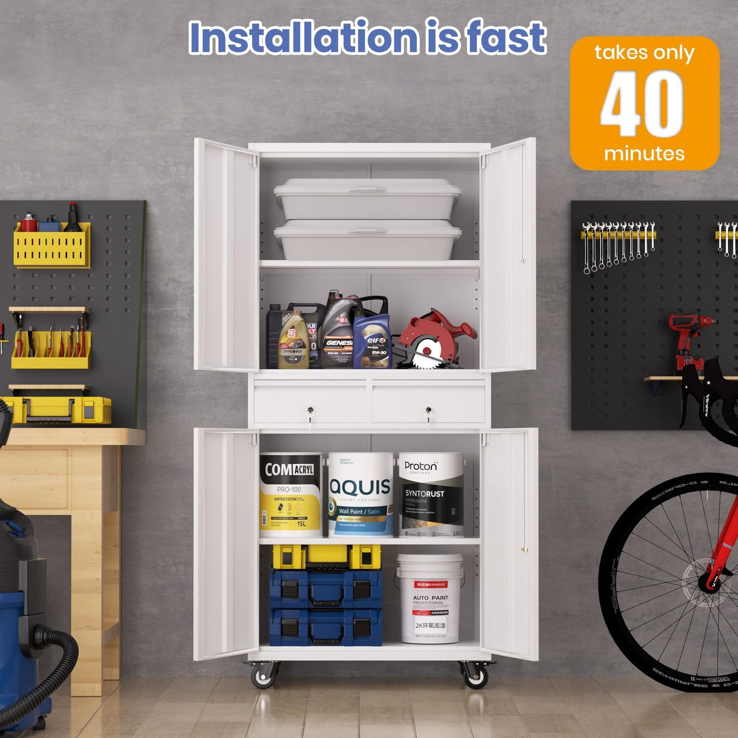 Metal Storage Cabinet with Wheels, 72” Rolling Garage Organizer with Locking Doors & 2 Drawers, Heavy Duty Steel Tool Cabinet with 3 Adjustable Shelves, Lockable Filing Cabinet for Home Office