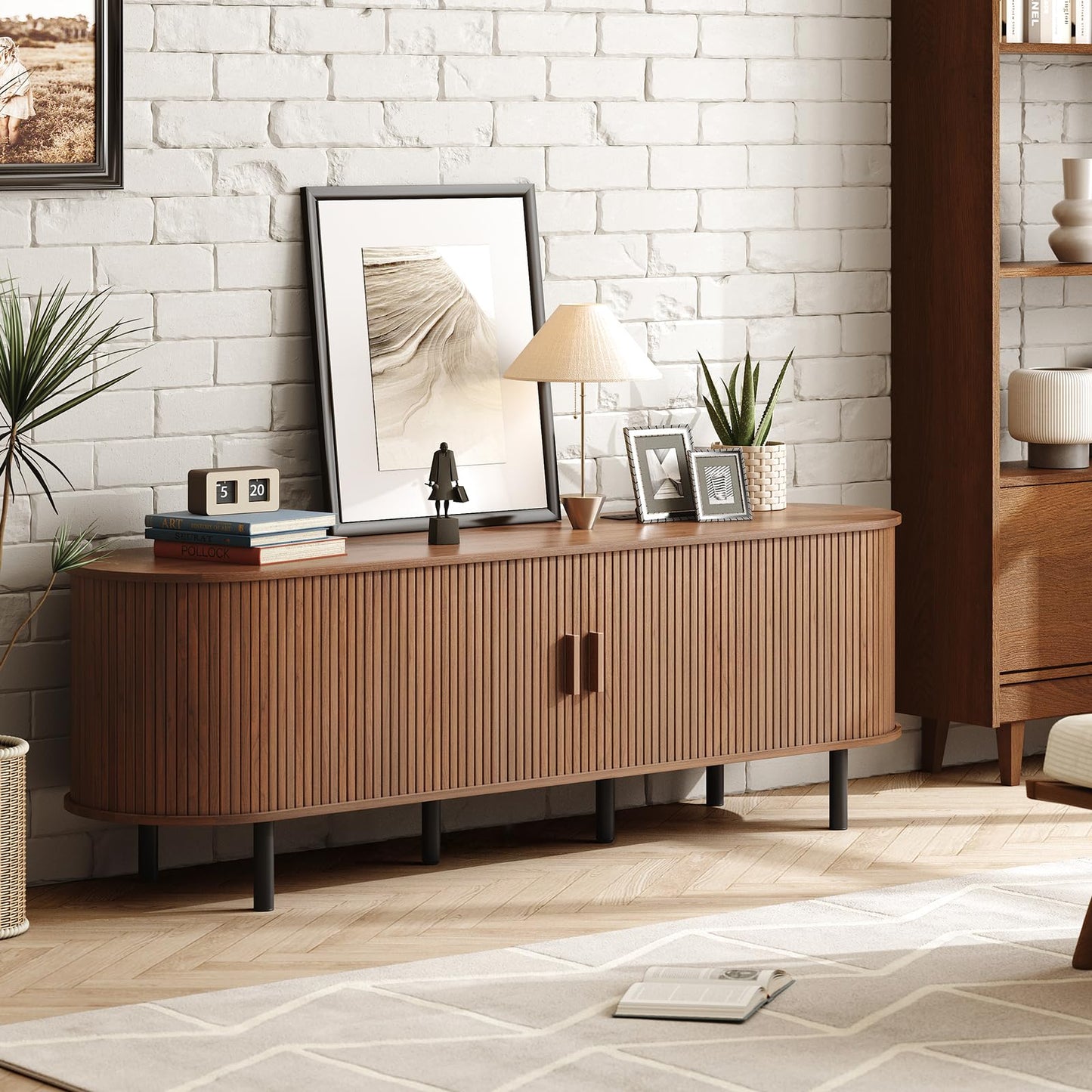 ONBRILL 70.8" TV Stand with Power Outlet for TVs up to 75 Inch, Entertainment Center with Storage and Adjustable Shelves, Modern Media Console with Sliding Doors for Living Room, Walnut