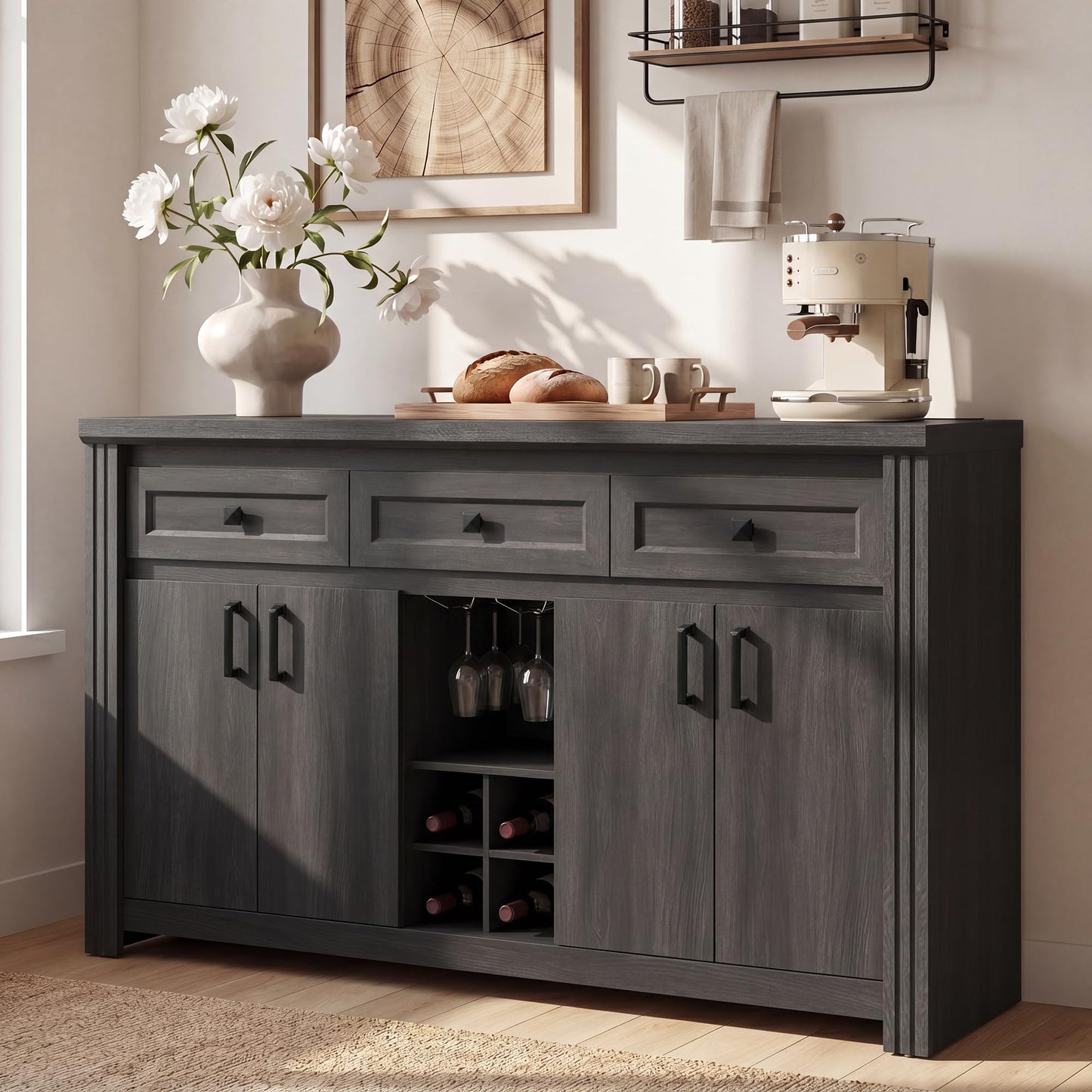 nesture. 55" Buffet Sideboard with Power Outlet, Farmhouse Wood Coffee Bar Cabinet with Wine Rack, Glass Holder, Ajustable Shelves for Kitchen, Black