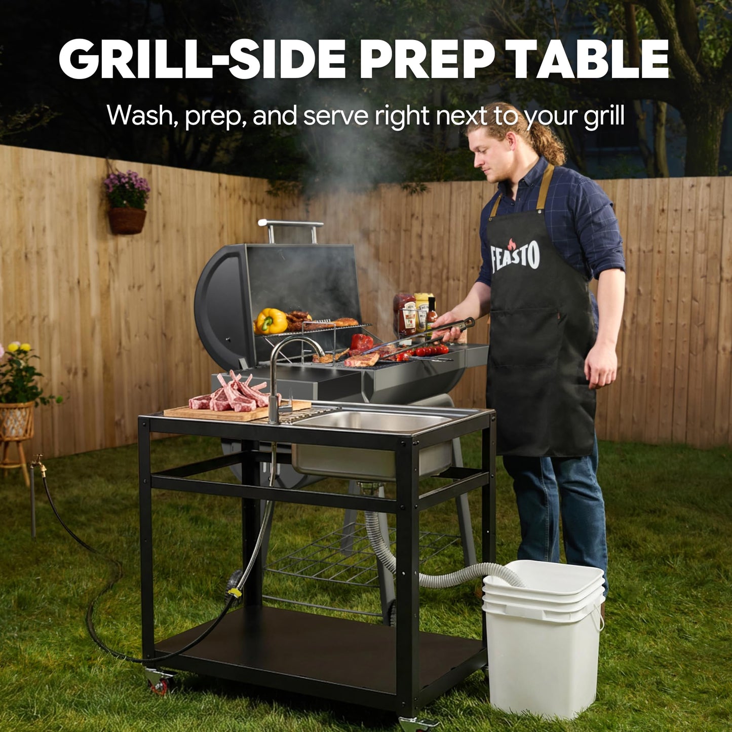 FEASTO 35-Inch Outdoor Grill Cart with Stainless Steel Sink, Rolling BBQ Prep Table with Faucet, Storage Shelves and Lockable Wheels for Patio, Backyard and Outdoor Cooking, Silver & Black