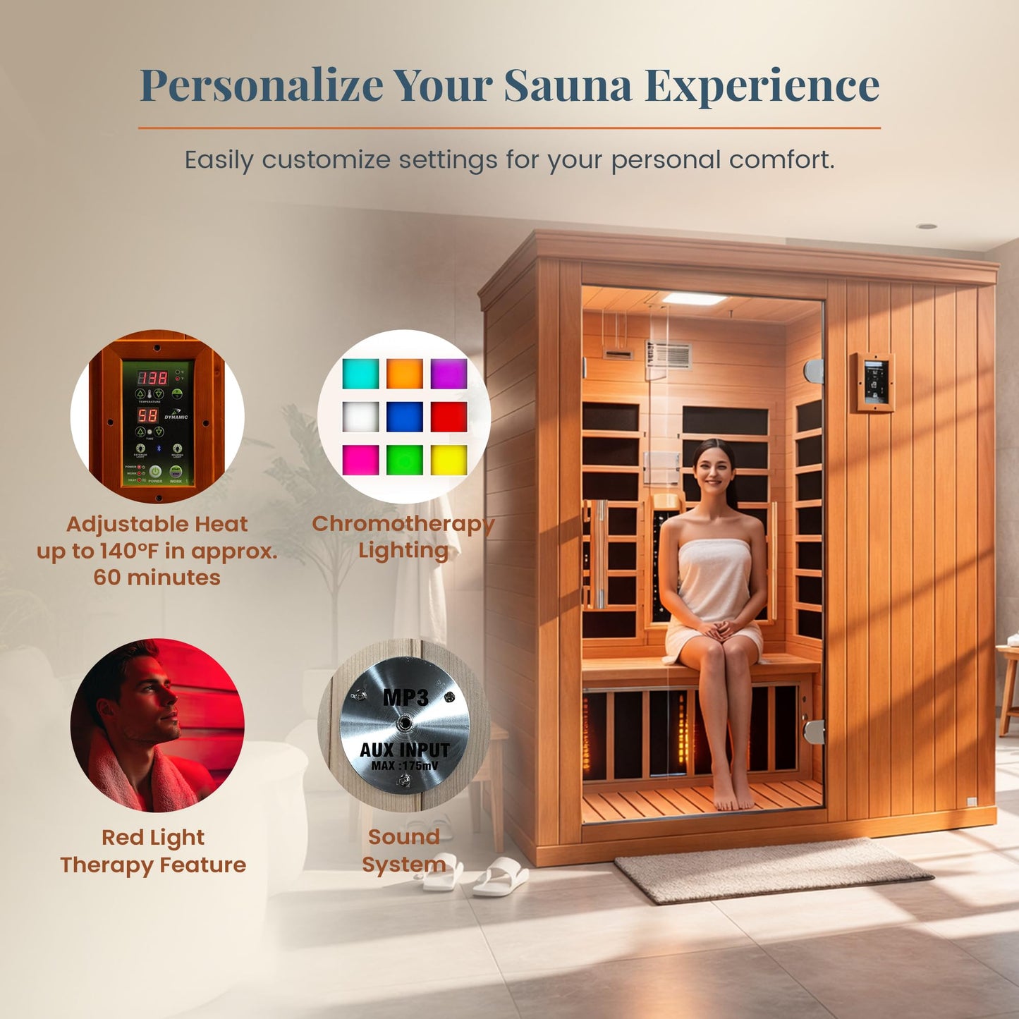 DYNAMIC SAUNAS Madrid Elite 3-Person Ultra Low EMF FAR Infrared Sauna with Red Light Therapy & Bluetooth Speakers | Personal Indoor Dry Heat Sauna for Home & Gym – Made from Canadian Hemlock