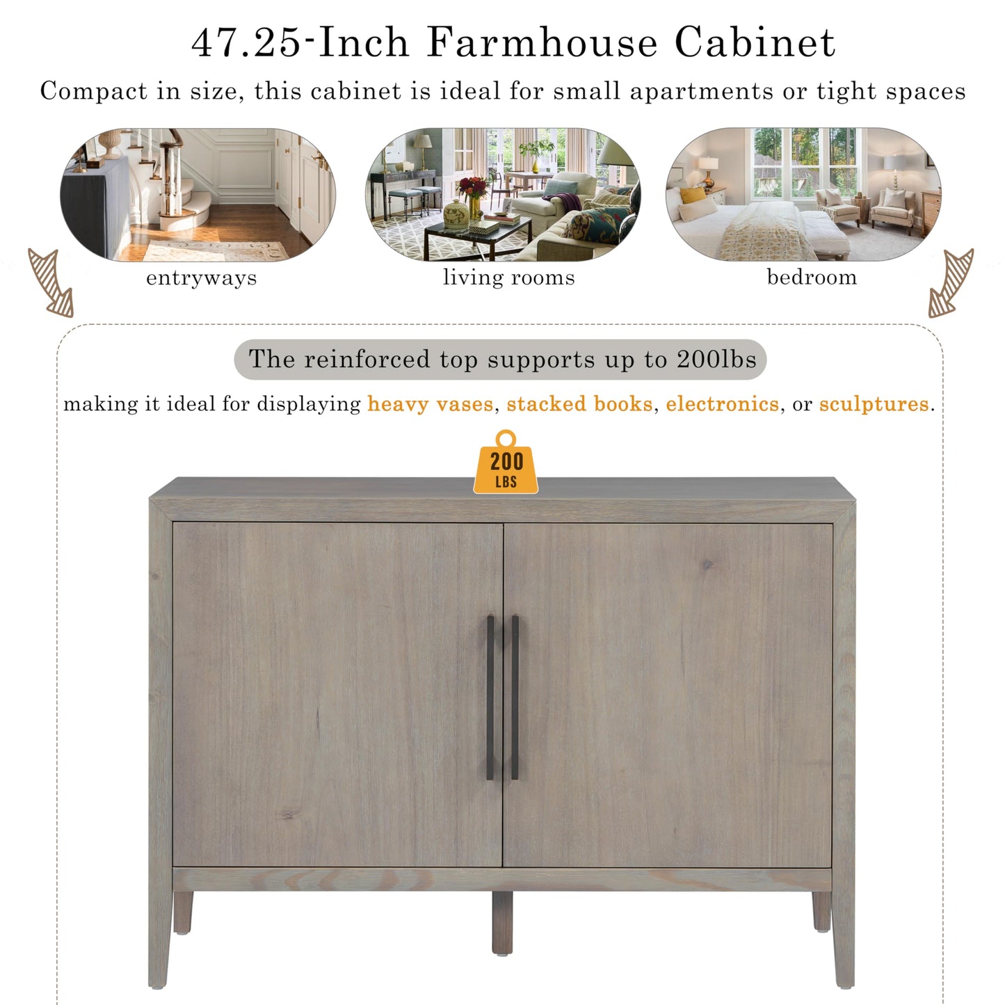 Merax Wood Farmhouse Buffet Sideboard with Metal Handles and 2 Doors, Coffee Bar Storge Cabinet Console Table for Living Room Bedroom Kitchen Hallway Gray