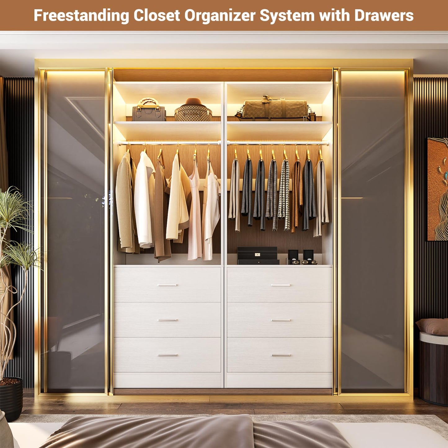 Besiost Closet System Set of 4, 8FT Closet Systems with 12 Wood Drawers, 96" Closet Organizer System with 4 Hanging Rods & 4 Shelves, Heavy Duty 96 Inch Walk-in Closet, White (96"L x 15" W x 80" H)