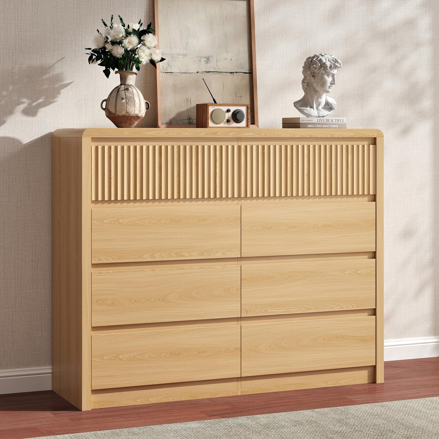 BAZELOR Fluted 8 Drawer Dresser for Bedroom, 50” Wide Modern Dresser & Chest of Drawers with Curved Profile Design, Wood Mid Century Dressers for Bedroom, Living Room, Oak