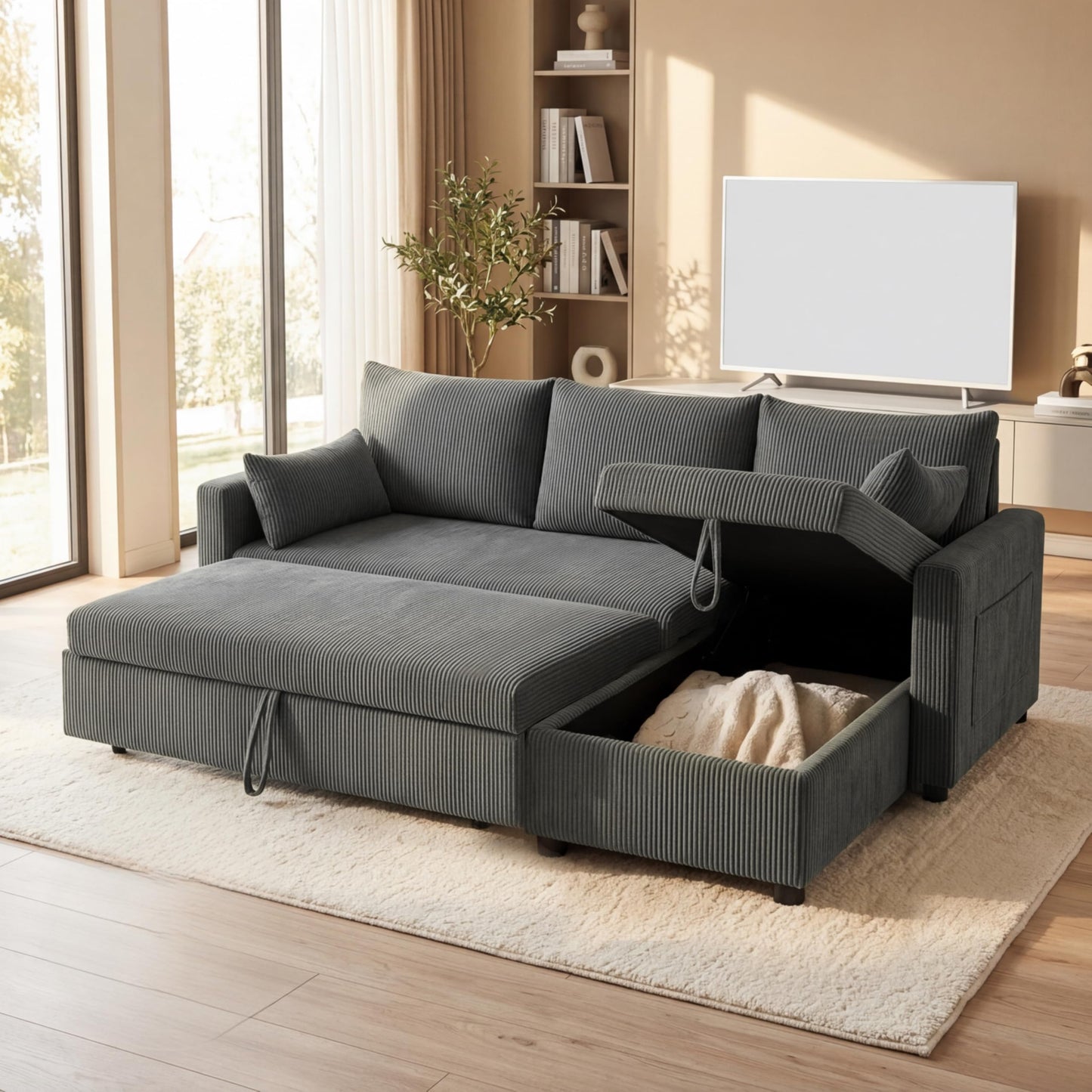 Eafurn 85" L Shaped Sectional Sofa Couch Convertible Pull Out Sleeper Bed for Living Room, Deep Seat Corner Sofa Bed with Reversible Storage Chaise, Side Pockets and Throw Pillows
