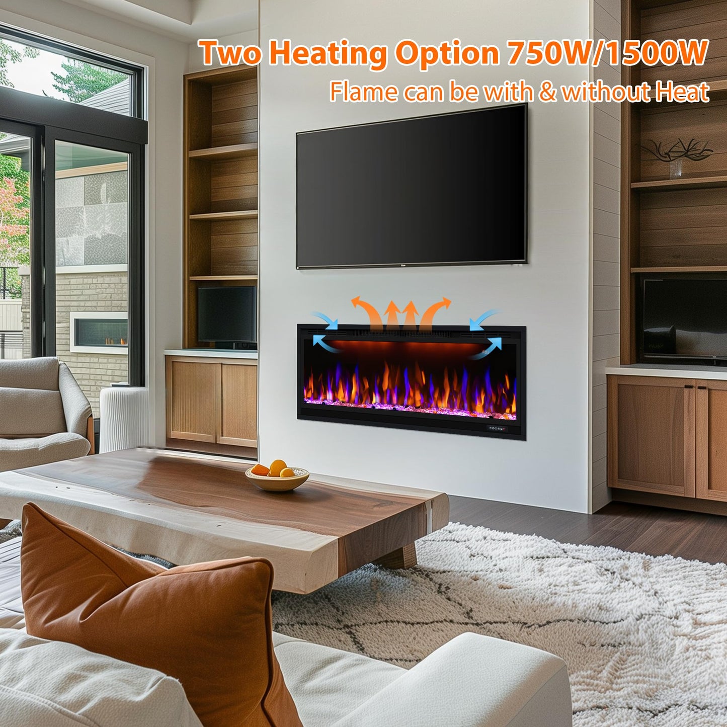 42 inch Smart Electric Fireplace WiFi-Enabled, Recessed &Wall Mounted Fireplace Inserts, Multicolor Flame w/Realistic Log &Crystals, Thermostat& Overheating Protection,Timer, 750W/1500W, Black