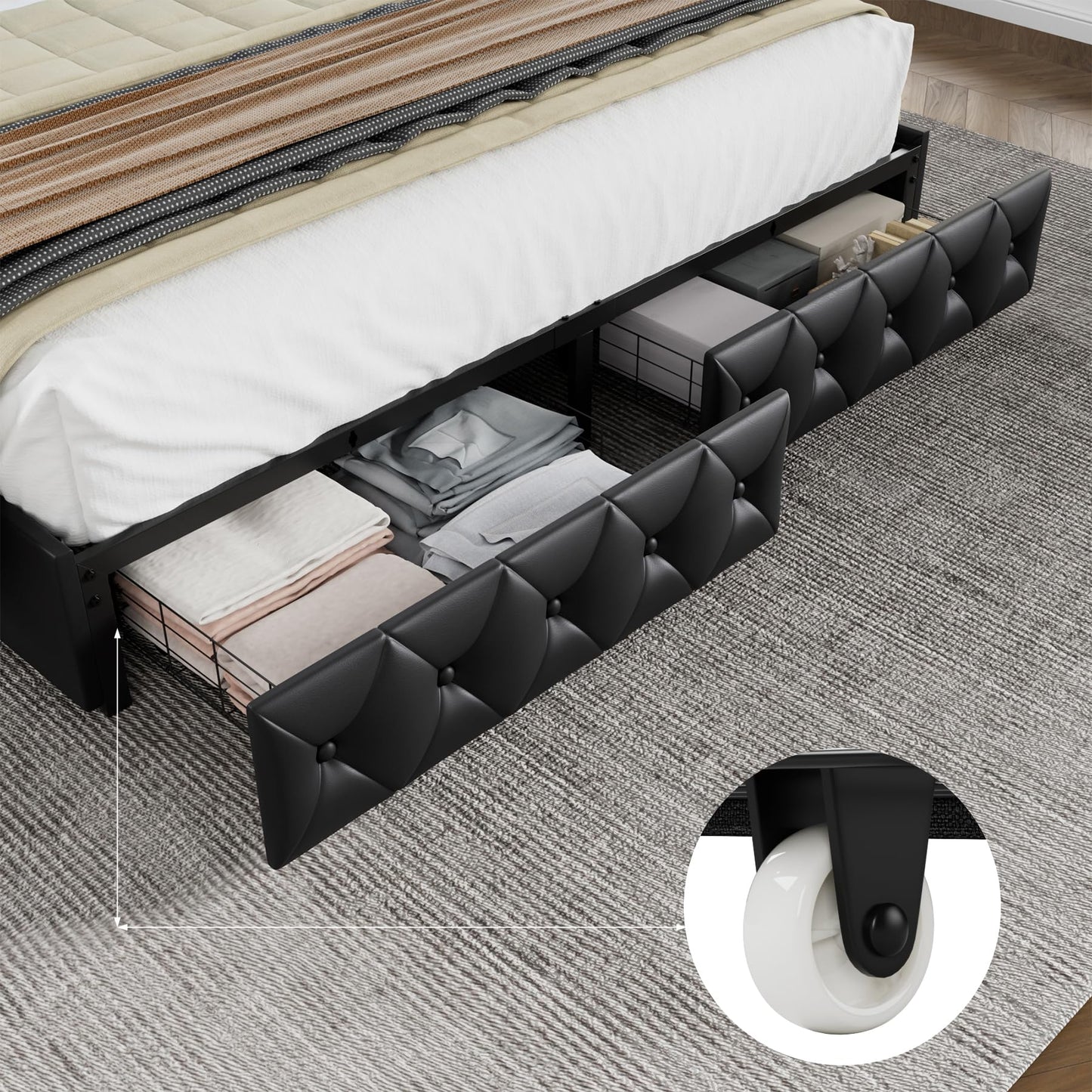Keyluv Queen Size LED Bed Frame with 4 Storage Drawers and Adjustable Headboard, PU Leather Upholstered Button Tufted Modern Platform Bed, Solid Wooden Slats Support, Easy Assembly, Black