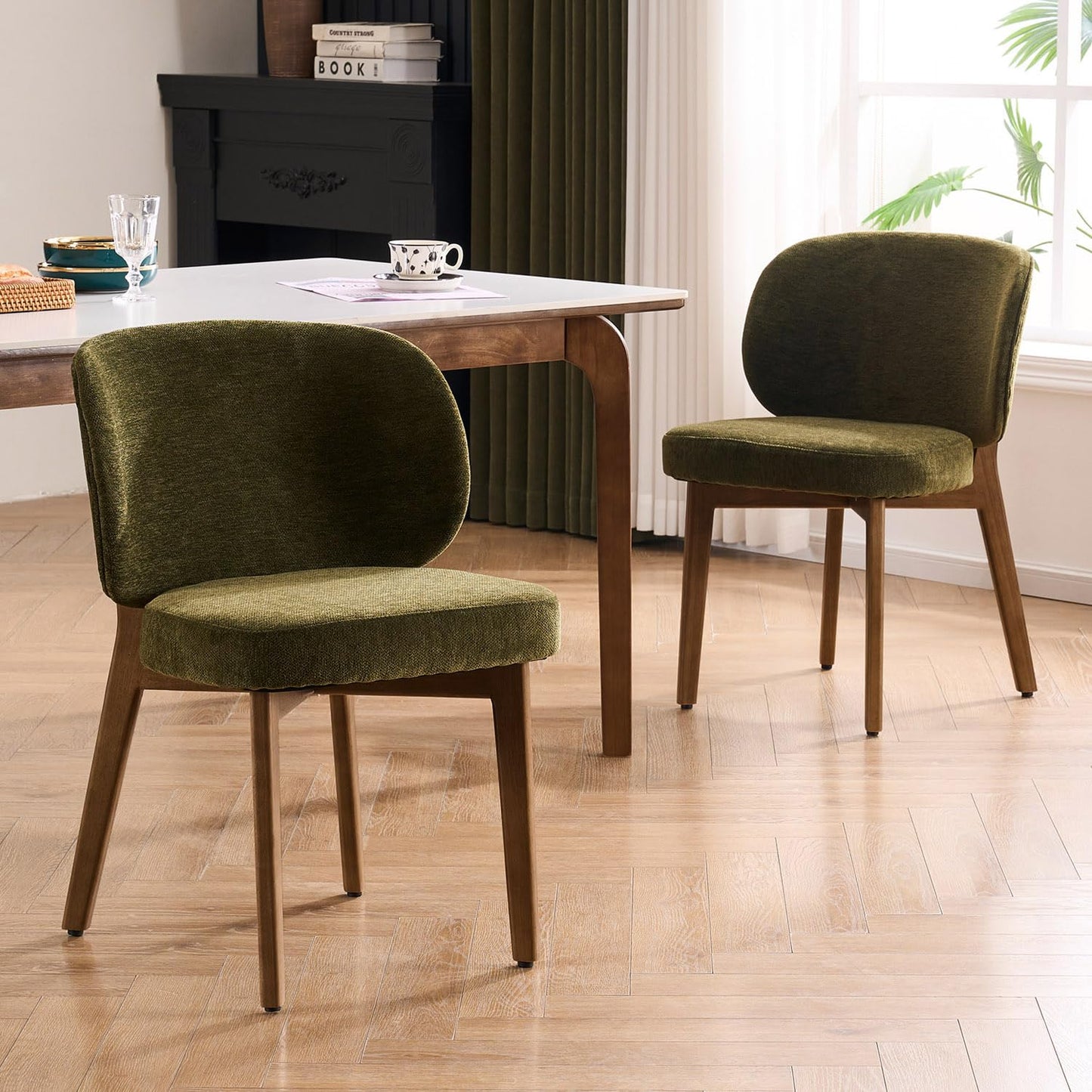 YOUNUOKE Upholstered Dining Chair, Modern Chenille Fabric Dining Room Chair with Wood Legs, Widen Backrest Comfy Side Kitchen Chairs, Green (Single Pack)