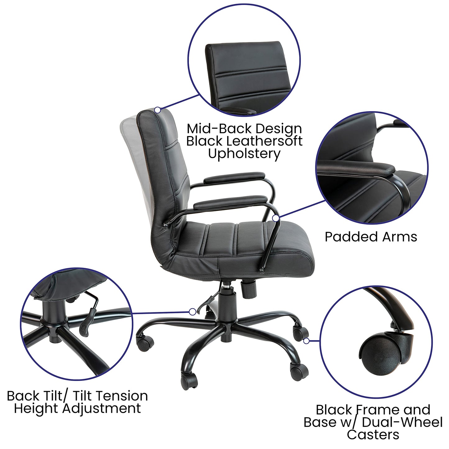 Flash Furniture Whitney Mid-Back Swivel LeatherSoft Desk Chair with Padded Seat and Armrests, Adjustable Height Padded Office Chair, Black