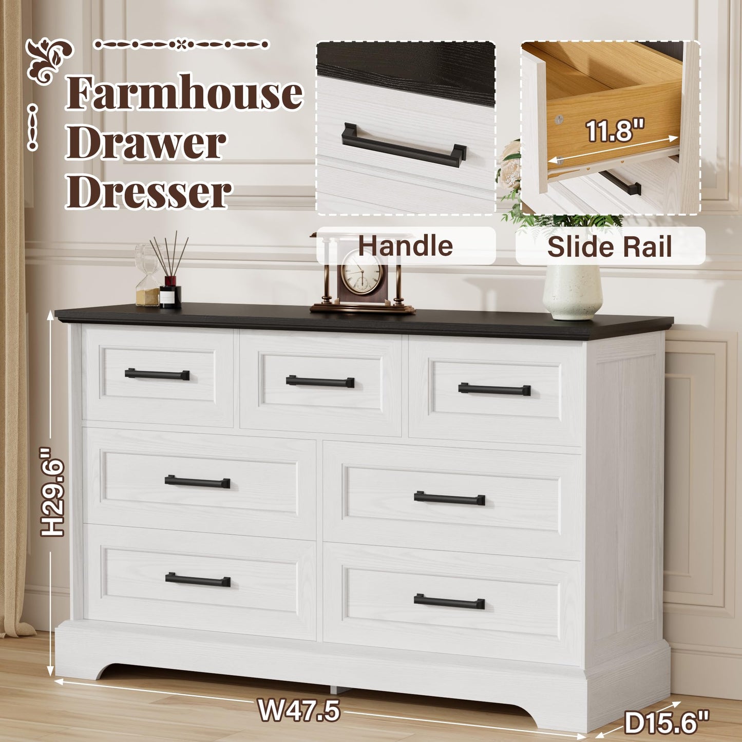 Furmax Farmhouse Dresser for Bedroom, 7 Drawers Dresser, Wood Chest of Drawers, 47.5" Wide Storage Dressers Organizer for Bedroom, Living Room, White and Black