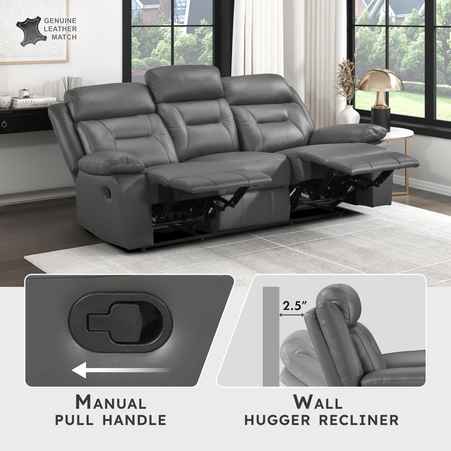 Lexicon Reclining Sofa for Living Room, Double Recliner RV Couch, Manual Wall Hugger Recliner, Home Theater Seating Leather Match Reclining Sofa with Pillow Top Armrests, 87''W Couch, Dark Grey