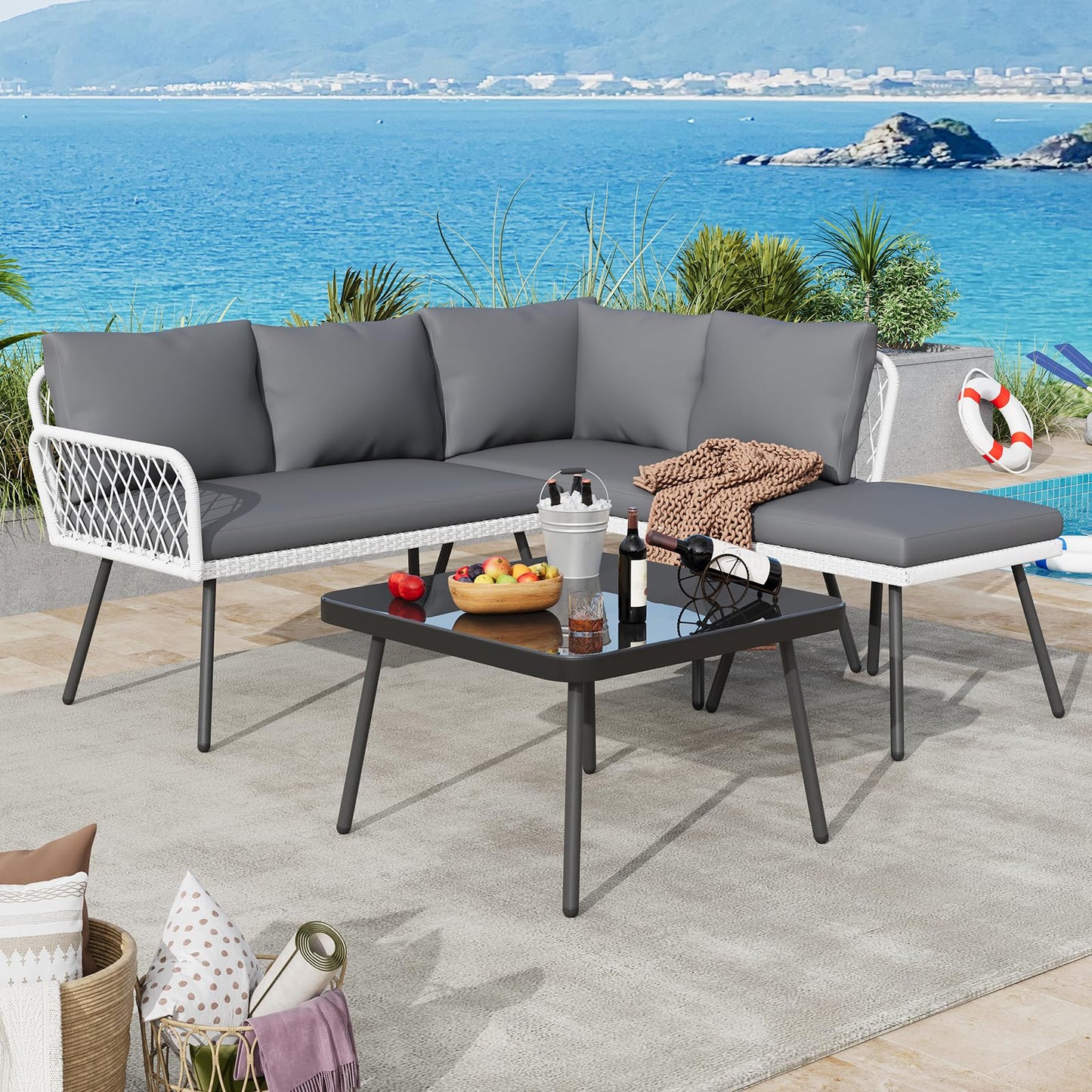 L-shaped Wicker Outdoor Furniture Set, 4-Piece Patio Sectional Sofa with Handmade Rattan and Metal Frame, Conversation Couch Set with Coffee Table & Ottoman for Backyard, Garden and Poolside, Grey
