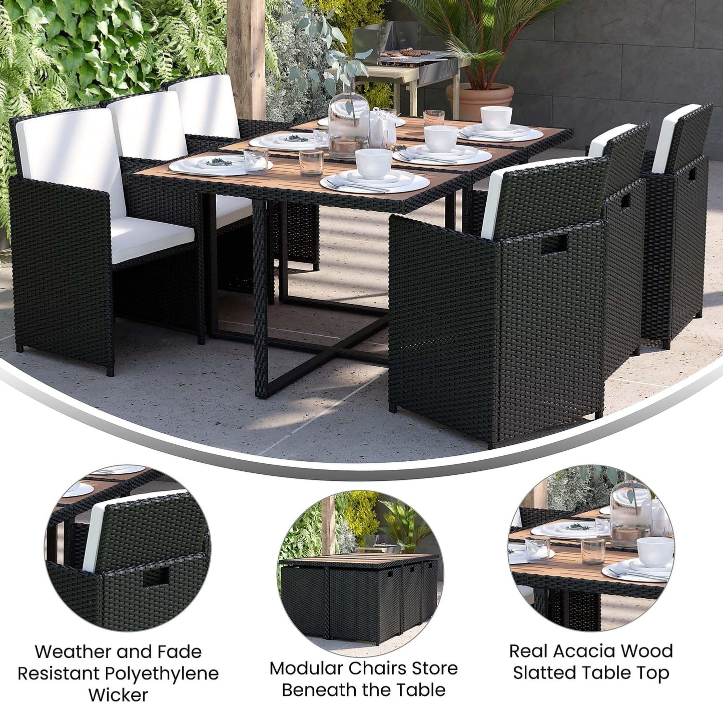 Flash Furniture Peregrine 7 Piece Outdoor Patio Dining Set - Space Saving Black Wicker Modular Chairs & Cream Cushions-Natural Finish Acacia Wood Table-Seating for 6