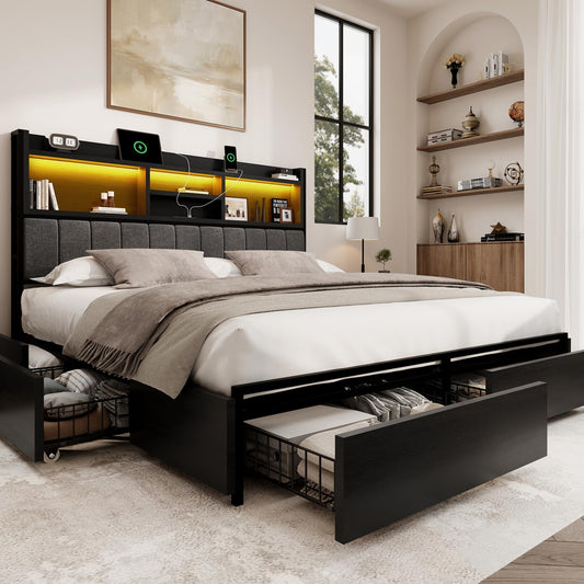 BRELTAM King Bed Frame with 6 Storage Drawers, Linen Upholstered Headboard, Built-in USB Charging Station & LED Lighting, Silent Metal Support, No Box Spring Needed, Vintage Black