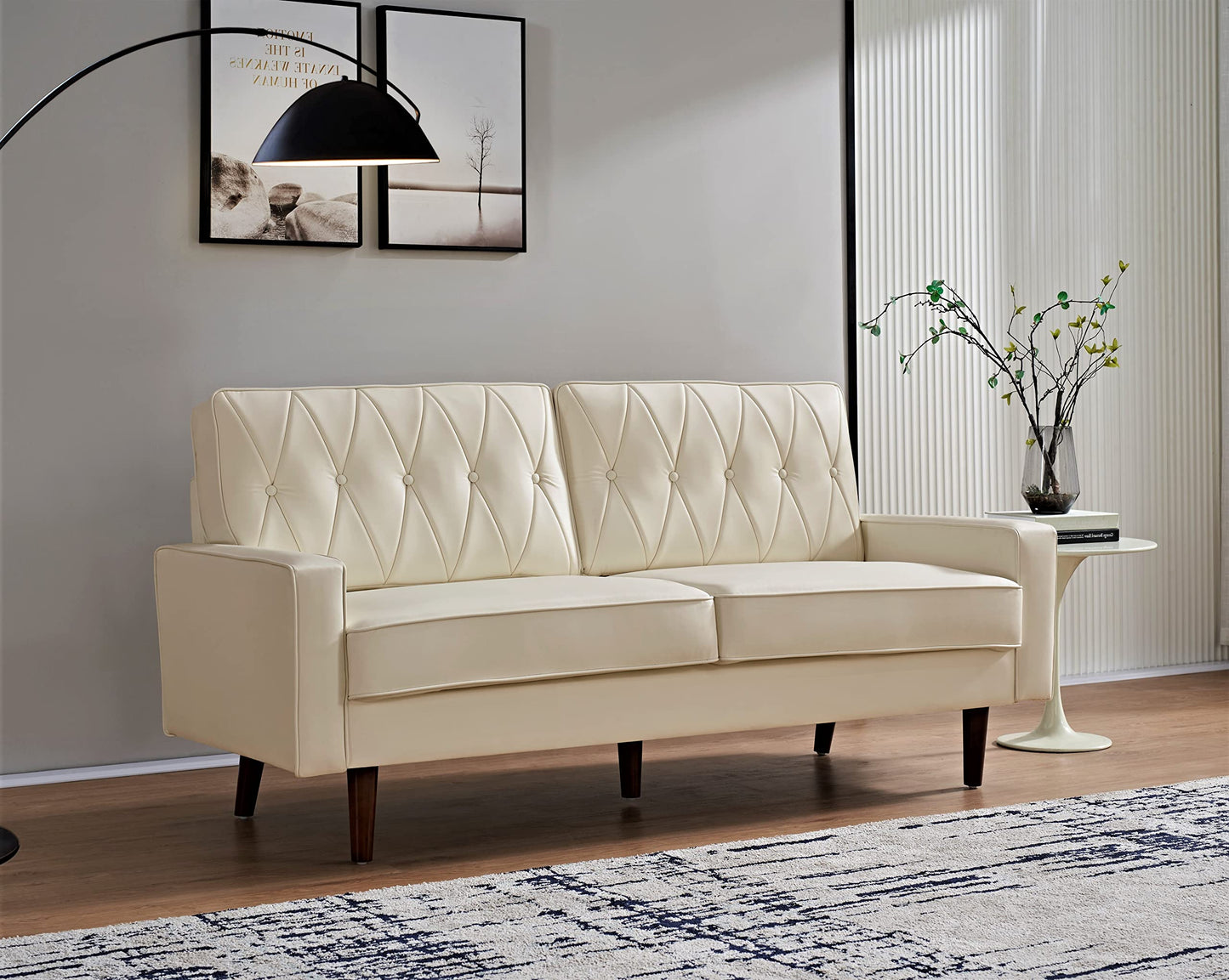 Container Furniture Modern Style Faux Leather Sofa with Elegant Round Tapered Legs and Button Tufted Backrest Perfect for Living Room, Bedroom or Home Office, 69.3’’ Wide, White