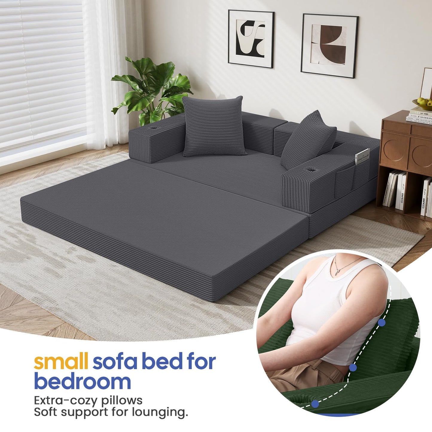 COMAX Futon Sofa Bed, 4‑in‑1 Convertible Sofa Bed, Folding Boneless Couches for Living Room, Fold Out Small Foldable Loveseat Floor Sleeper Comfy Mattress Lounge Space‑Saving, Grey