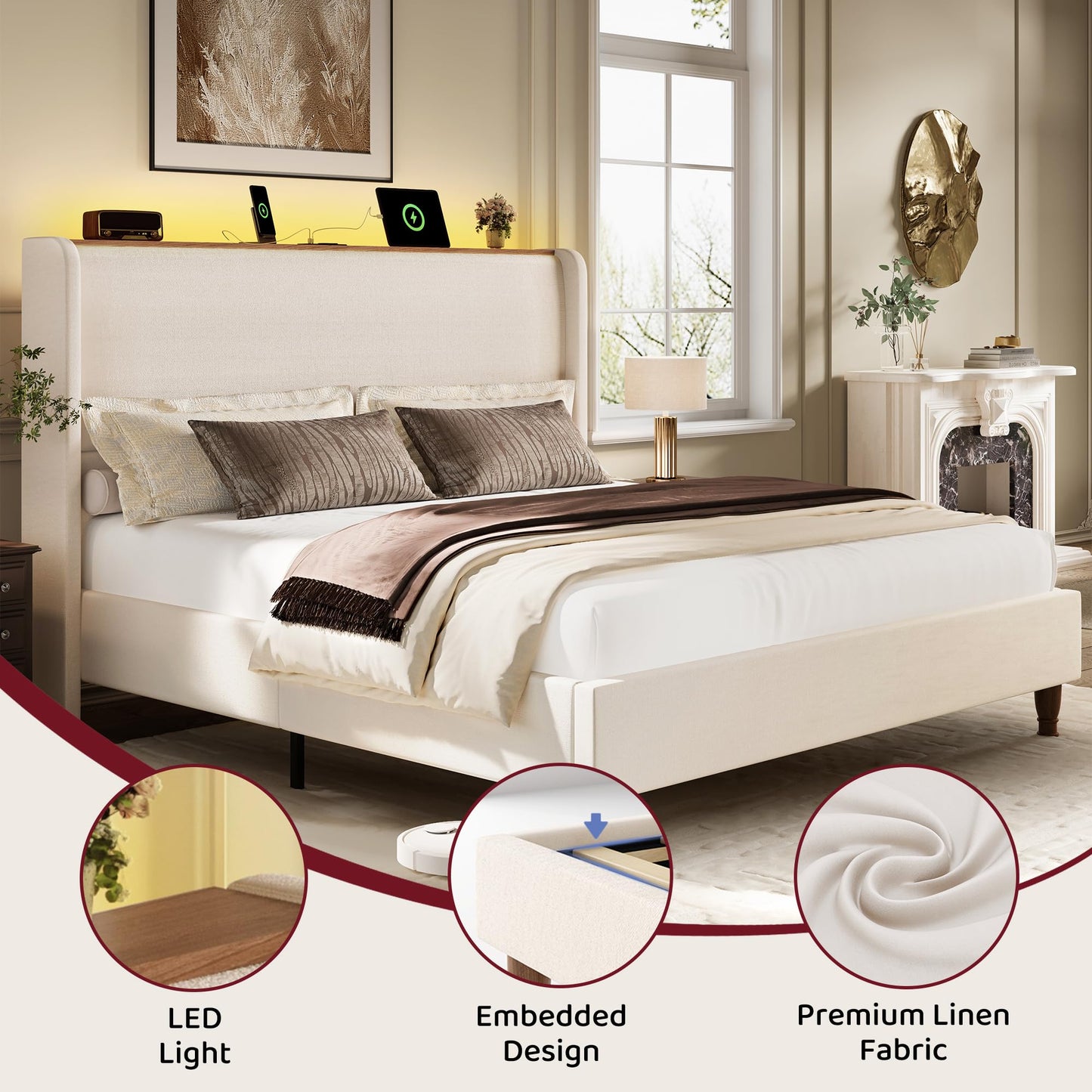 BRELTAM Queen Size Bed Frame with 51.2" Tall Headboard Wingback Linen Upholstered Platform Bed Frame with LED Lights and Charging Station, Storage Shelf, No Box Spring Needed, Noise-Free, Beige