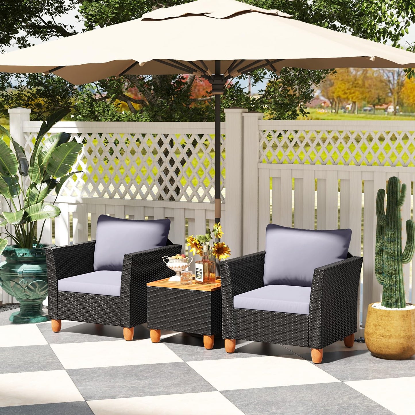 Tangkula 3 Pieces Patio Porch Furniture Set, PE Rattan Wicker Chair Conversation Set with Cushions and Storage Table, Outdoor Acacia Wood Bistro Set for Garden, Poolside (Grey)