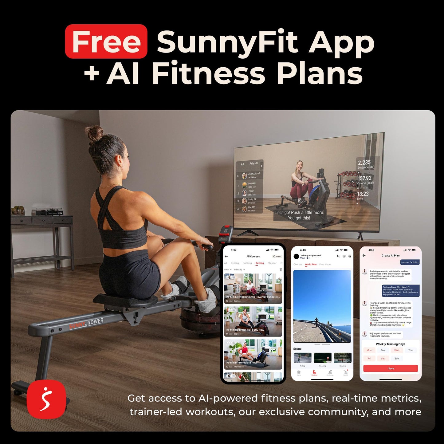 Sunny Health & Fitness Smart Dual-Rail Water Rower, 300LB Weight Capacity with Free SunnyFit App Connection – SF-RW524022