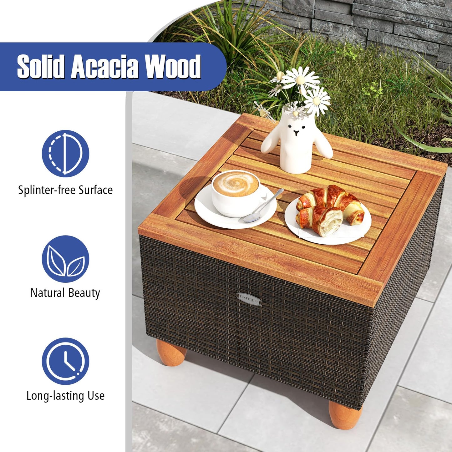 Tangkula 3-Piece Patio Furniture Set, Patiojoy Outdoor PE Wicker Bistro Set with Soft Cushions and Solid Acacia Wood, Outdoor Conversation Set with Porch, Balcony and Garden (Navy)