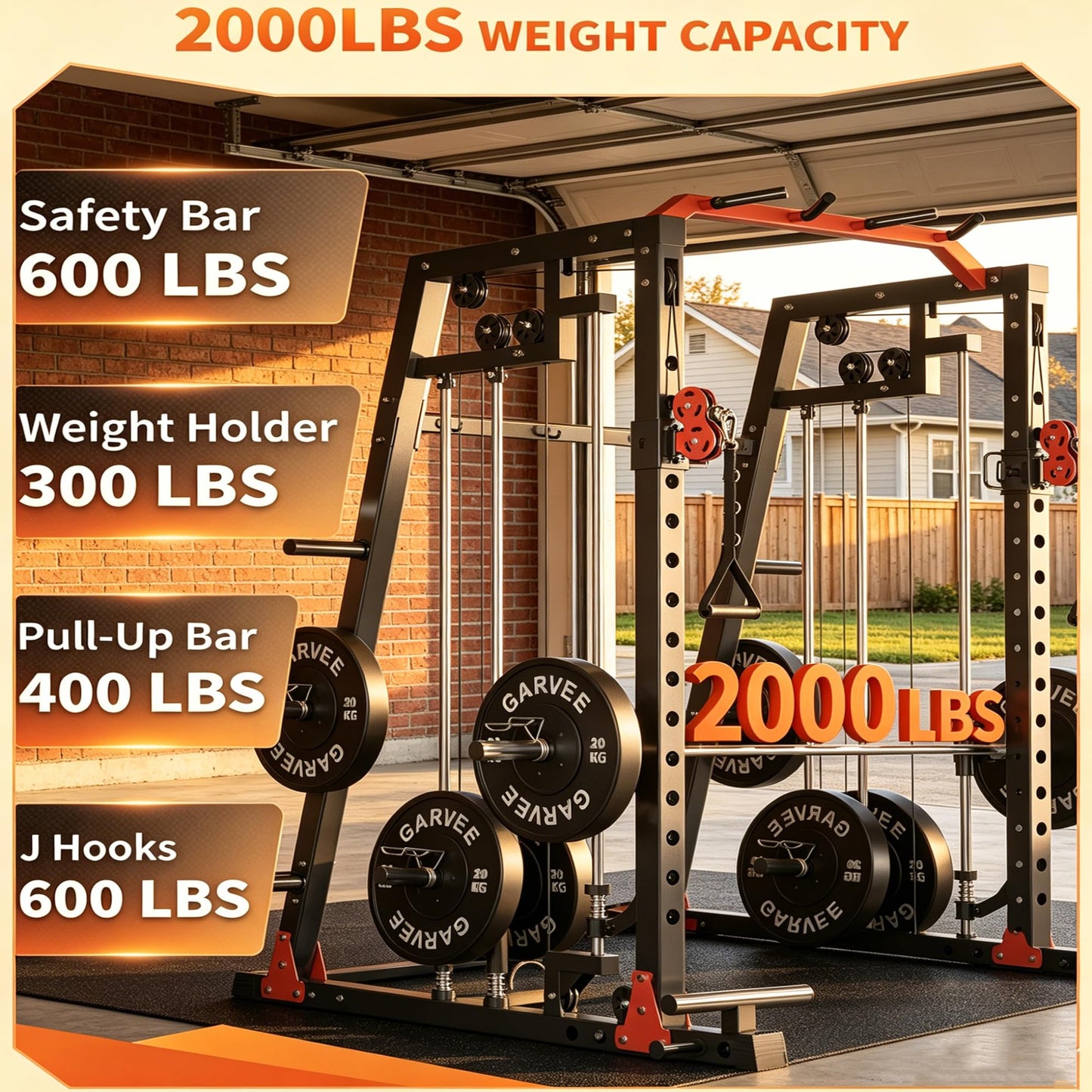 Smith Machine All-in-1 Home Gym, 2000 LBS Capacity Power Cage with Dual Independent Pulley System, 360° Landmine, Pull-Up Bar & Weight Storage – Heavy Duty Full Body Workout Station for Home & Garage