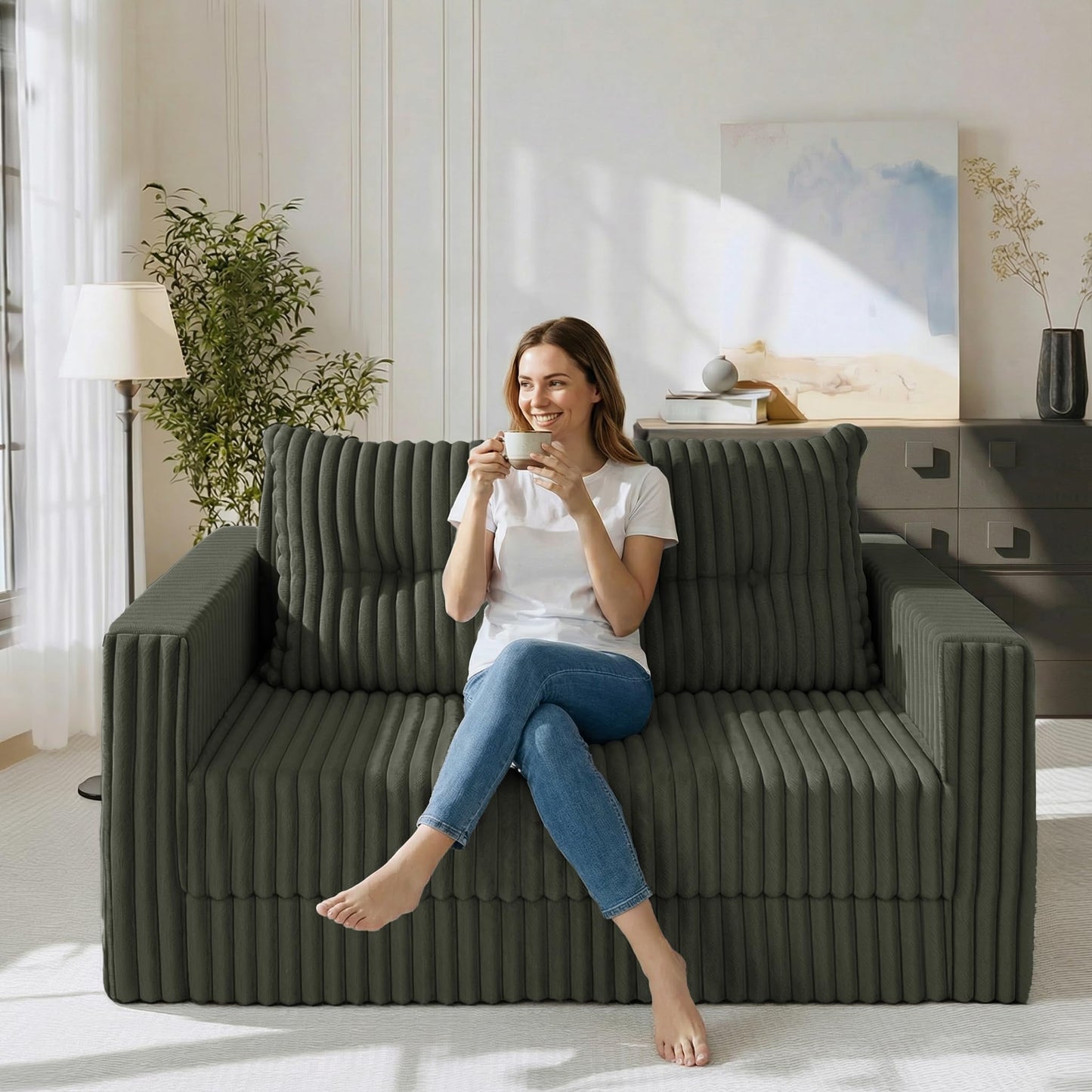 HABUTWAY 41.3" Loveseat Boneless Couch, 4-in-1 Convertible Sofa Bed, Plush Fur Folding Futon Sofa Bed Couches with a Pillow for Living Room, High-Density Foam Support, No Assembly Required, Green