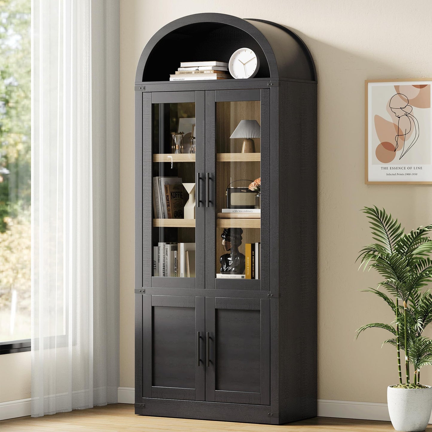 MERXENG Modern 71.6" Kitchen Pantry Cabinet with Doors & Arch Design - 5-Tier Fluted Wood Storage Organizer, Bookshelf for Dining Room, Living Room