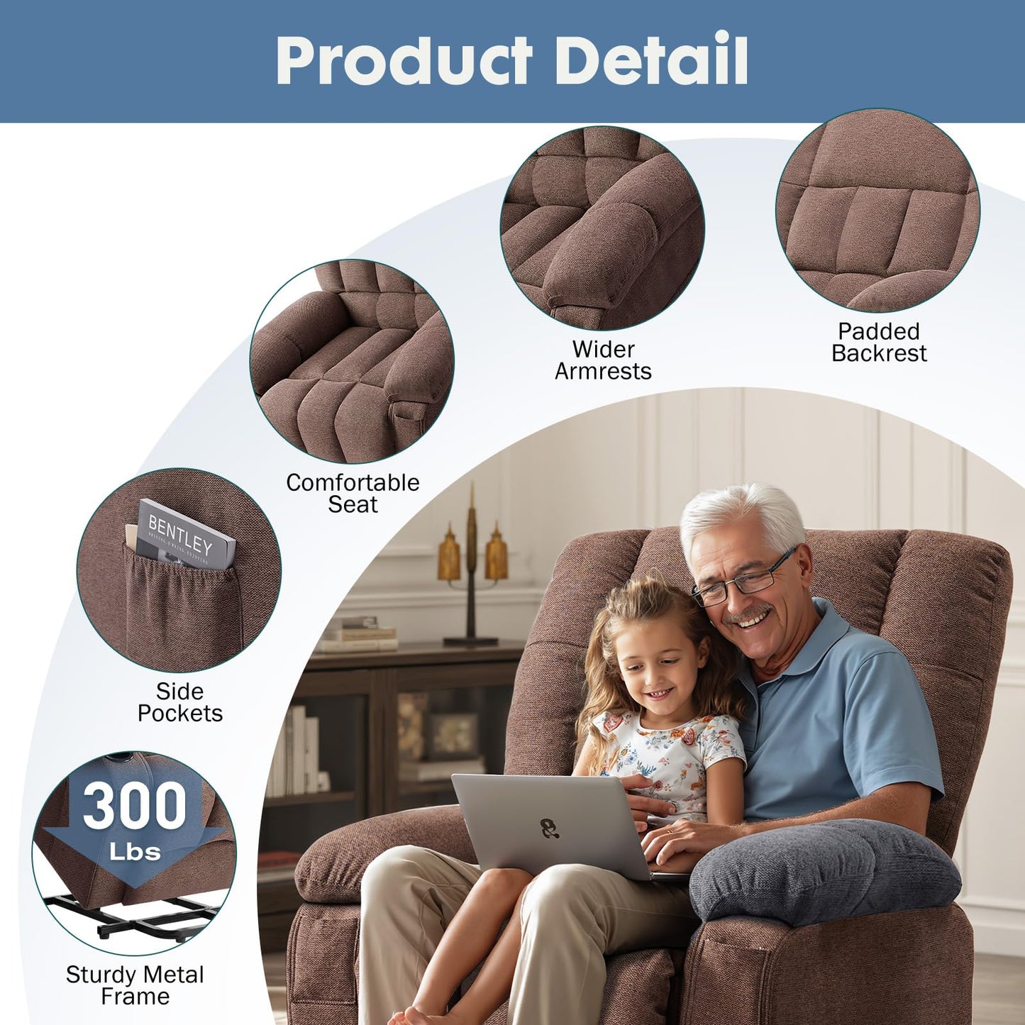DUMOS Power Lift Recliner Chair with Vibration Massage and Heat for Elderly, Ergonomic Overstuffed Breathable Fabric Reclining Chair with 3 Pockets, Remote Control, Living Room, Bedroom, Brown
