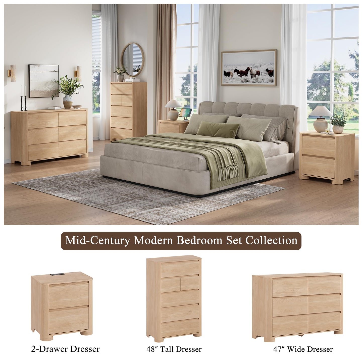 YANSNWO Dresser for Bedroom with 6 Drawers, 48" Tall Modern Chest of Drawers with Unique Thickened Foot, Rounded Corner Design, Wooden Dresser Organizer for Bedroom, Living Room, Hallway, Natural Oak
