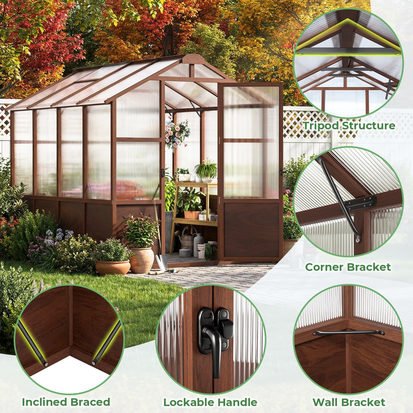 Jocoevol 6x8ft Outdoor Greenhouse, Wooden Frame Polycarbonate Greenhouse with Adjustable Roof Vents and Lockable Door Handle, Walk-in Greenhouse Perfect for Backyard and Garden