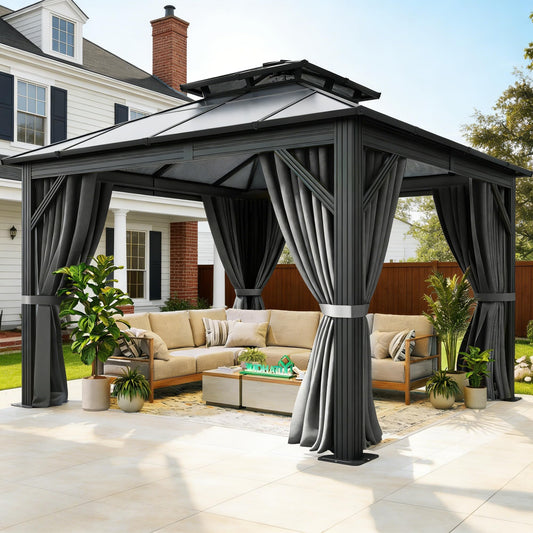 YITAHOME 10X10FT Polycarbonate Hardtop Gazebo Outdoor Patio Double Top Canopy Galvanized Iron Metal Column Garden Tent Curtains Netting for Backyards Decks Lawns,Gray
