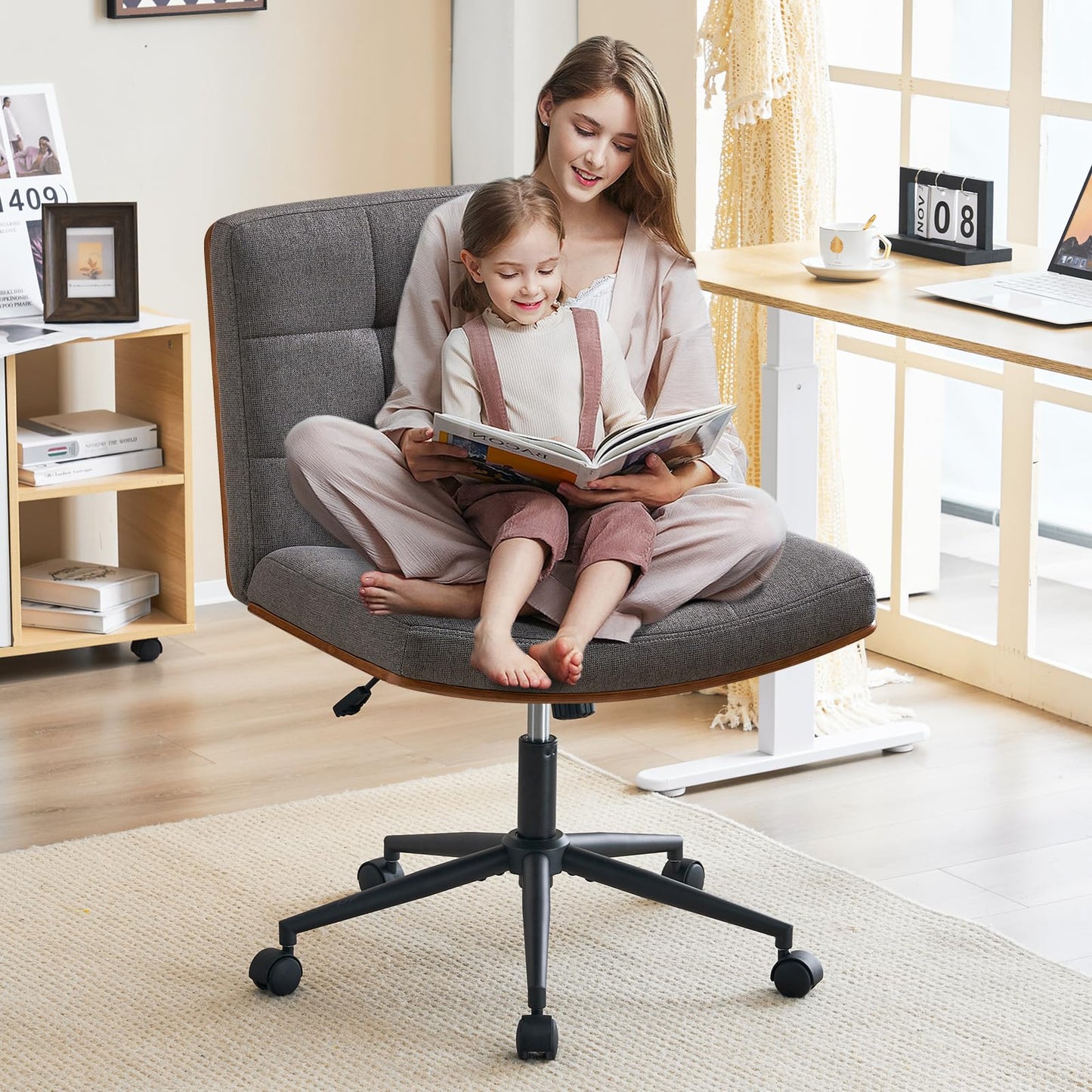 Furnimart Heavy-Duty FSC Wooden Wide Desk Chair, 360° Swivel Criss Cross Office Chair with Wheels, Comfy Cross Legged Sitting, Armless Rolling Chair for Bedroom, Office, Vanity(Linen Gray)