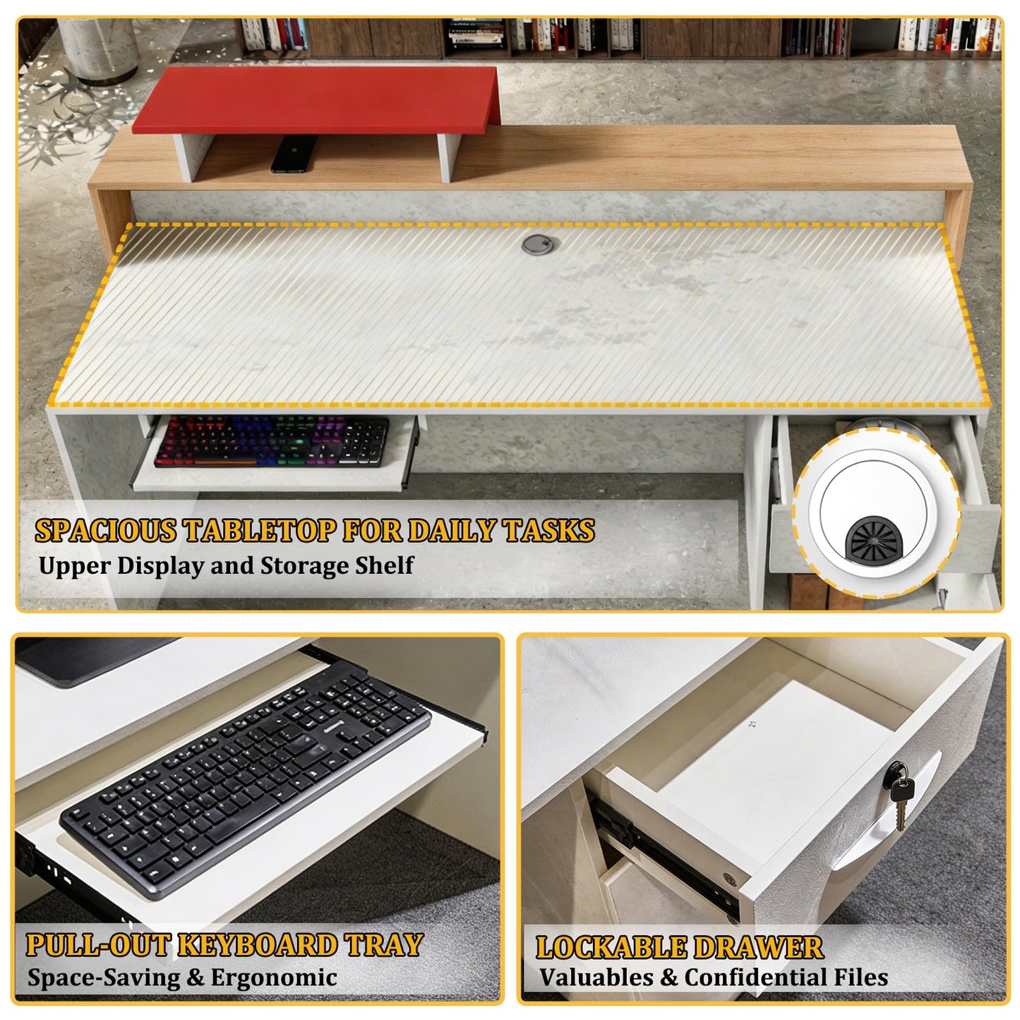 Modern Reception Desk with Counter & LED Lighting, Small Front Desk with Locking Drawer, Keyboard Tray & Cable Grommets, White Stone & Wood for Salon, Boutique, Retail Store & Office (55 in, Left)