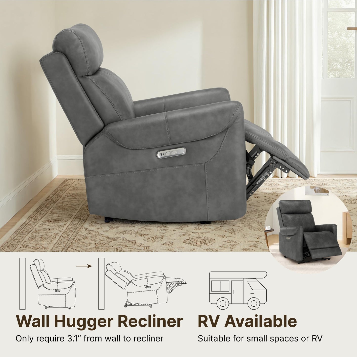 KISLOT Leather Recliner Chair Set of 2, Wall Hugger RV Recliners with USB Charging Ports Electric Power Reclining Sofa for Living Room Home Theater Seating Bedroom
