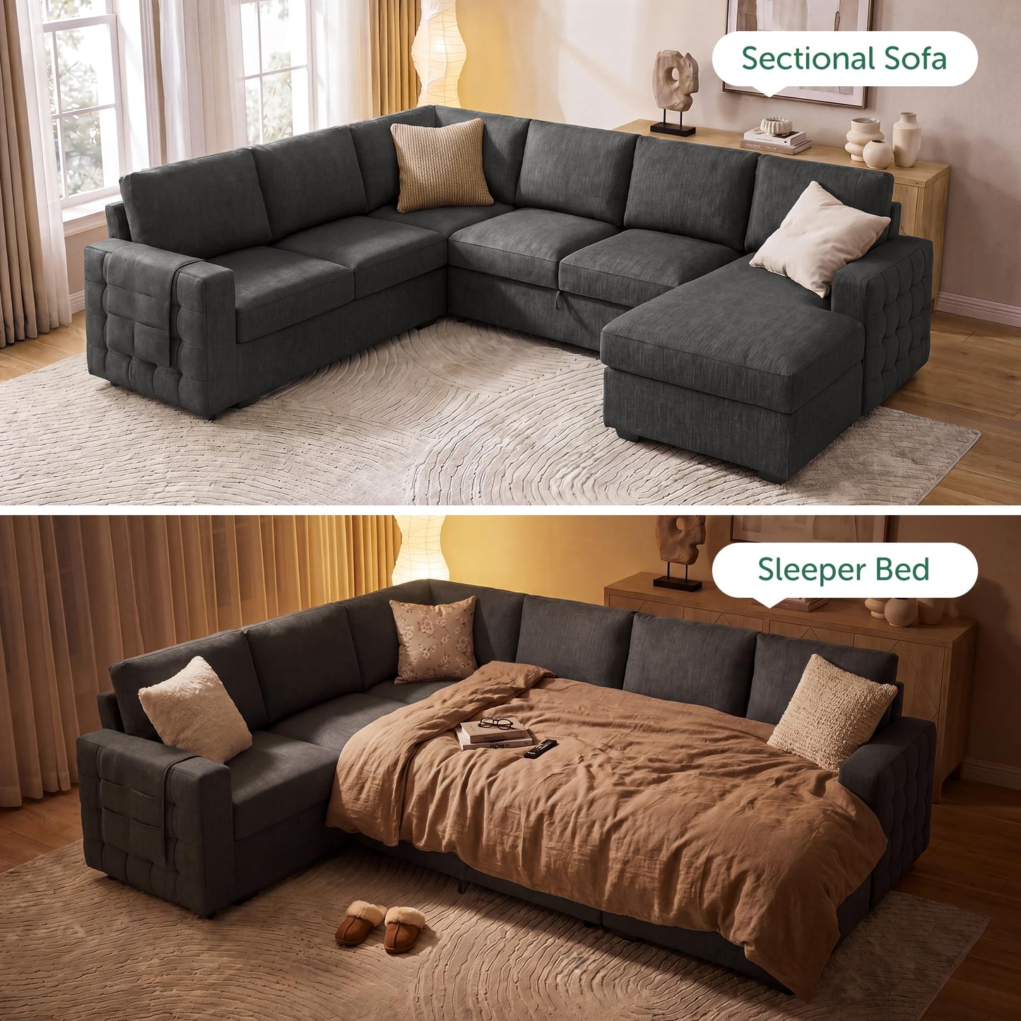 HONBAY Sectional Couch with Pull Out Bed, U-Shaped Sectional Sleeper Sofa with Storage, 6 Seater Sectional Sofa Bed, Mid-Grey