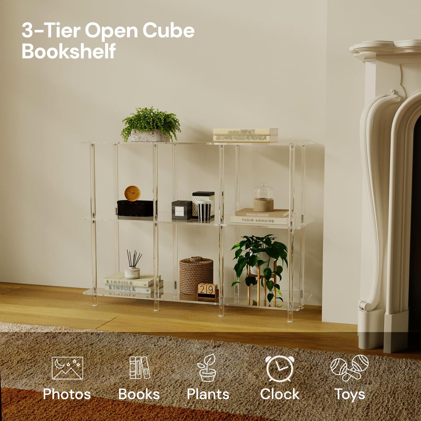 CRTERICX Acrylic Horizontal Bookshelf, 11.6" D x 35.4" W x 26.5" H, 3-Tier Clear 6 Cube Organizer Bookcase, Open Low Book Shelf for Home Office, Living Room, Bedroom, Modern, Easy Assembly