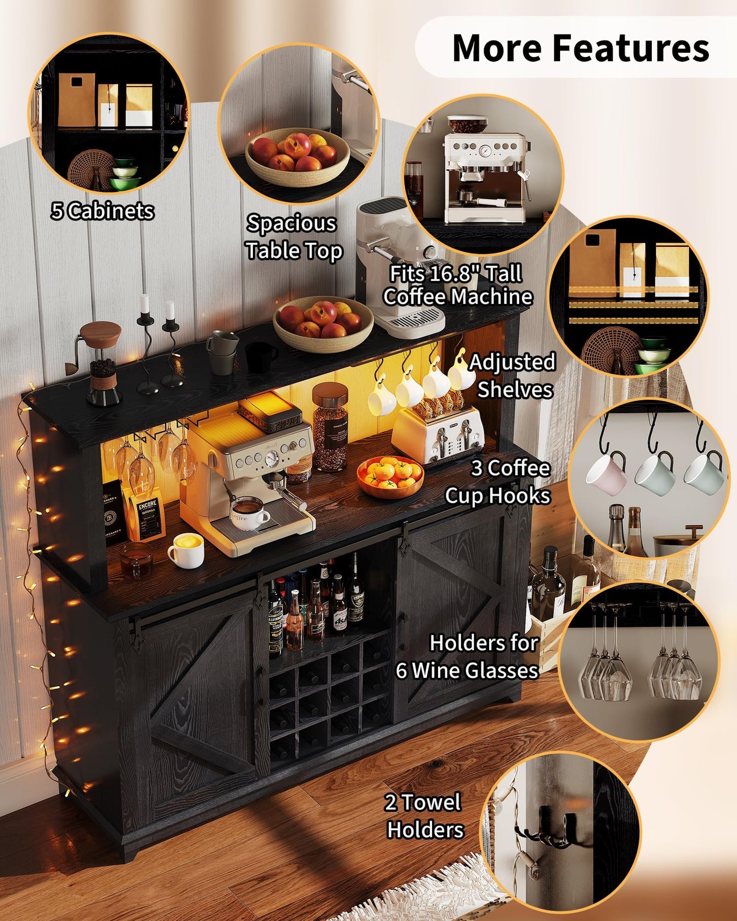 Farmhouse Coffee Bar Cabinet with Power Outlet & LED Lights,55" Sliding Barn Door Buffet with Removable Wine Rack & 2-Tier Drawers, Multi-Functional Storage Cabinet for Kitchen, Dining or Living Room