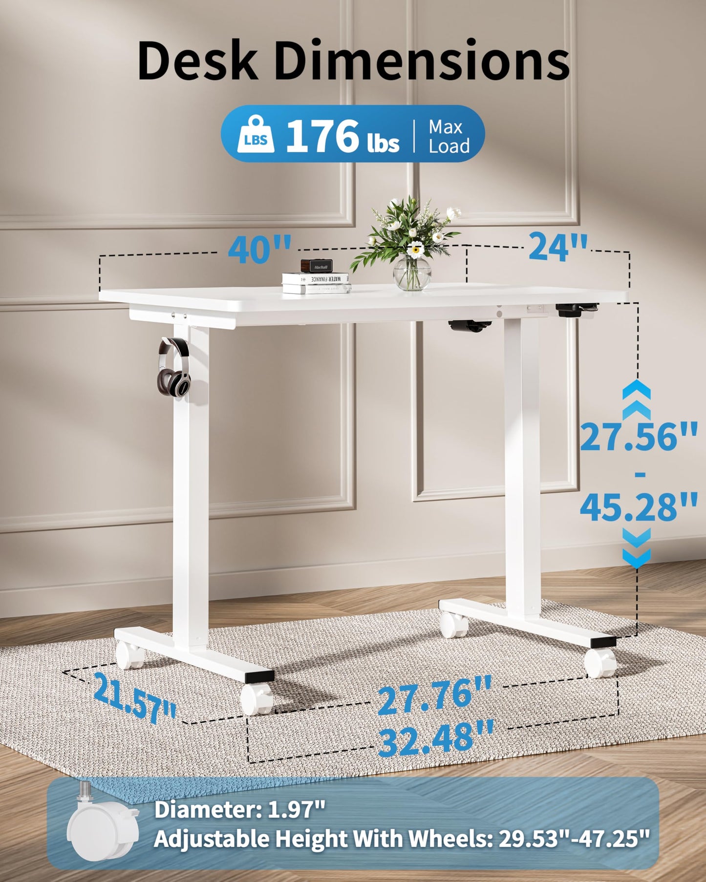 Okin Electric Standing Desk, 40 x 24 Inches Whole Piece Height Adjustable Desk, White Sit to Stand Desks Computer Workstation with Wheels for Home Office