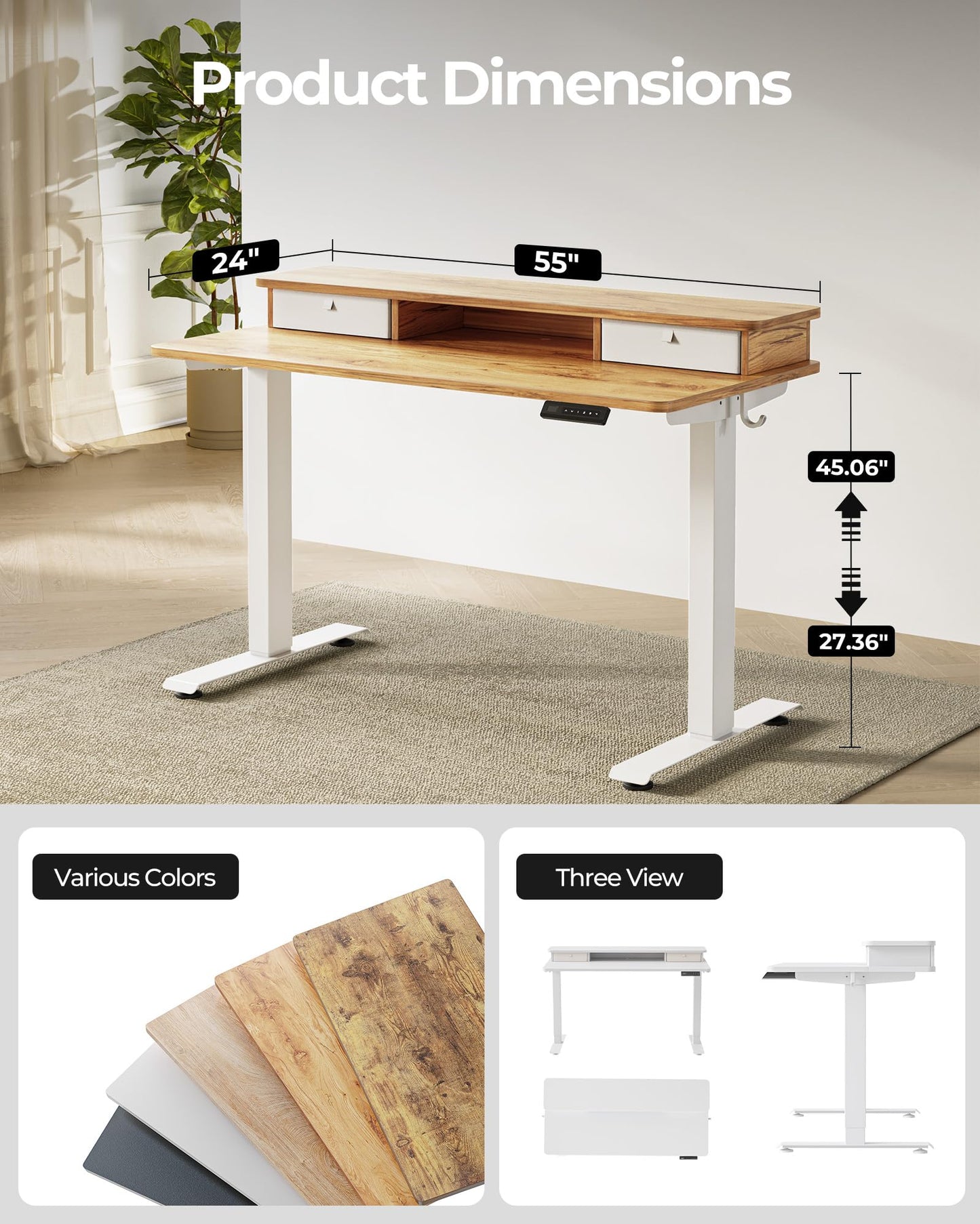 TENKIA 55x24 Inch Electric Standing Desk with Double Drawers, Adjustable Feet & Hooks, Ergonomic Home Office Workstation, Light Rustic