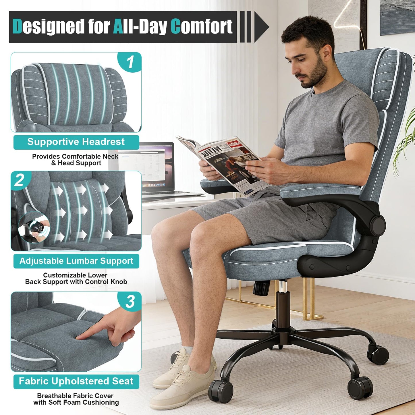 Big and Tall Office Chair with Adjustable Lumbar Support,Breathable Fabric High Back Desk Computer Chair with Adjustable Flip-up Armrests,Ergonomic Swivel PC Chair with Rocking Function