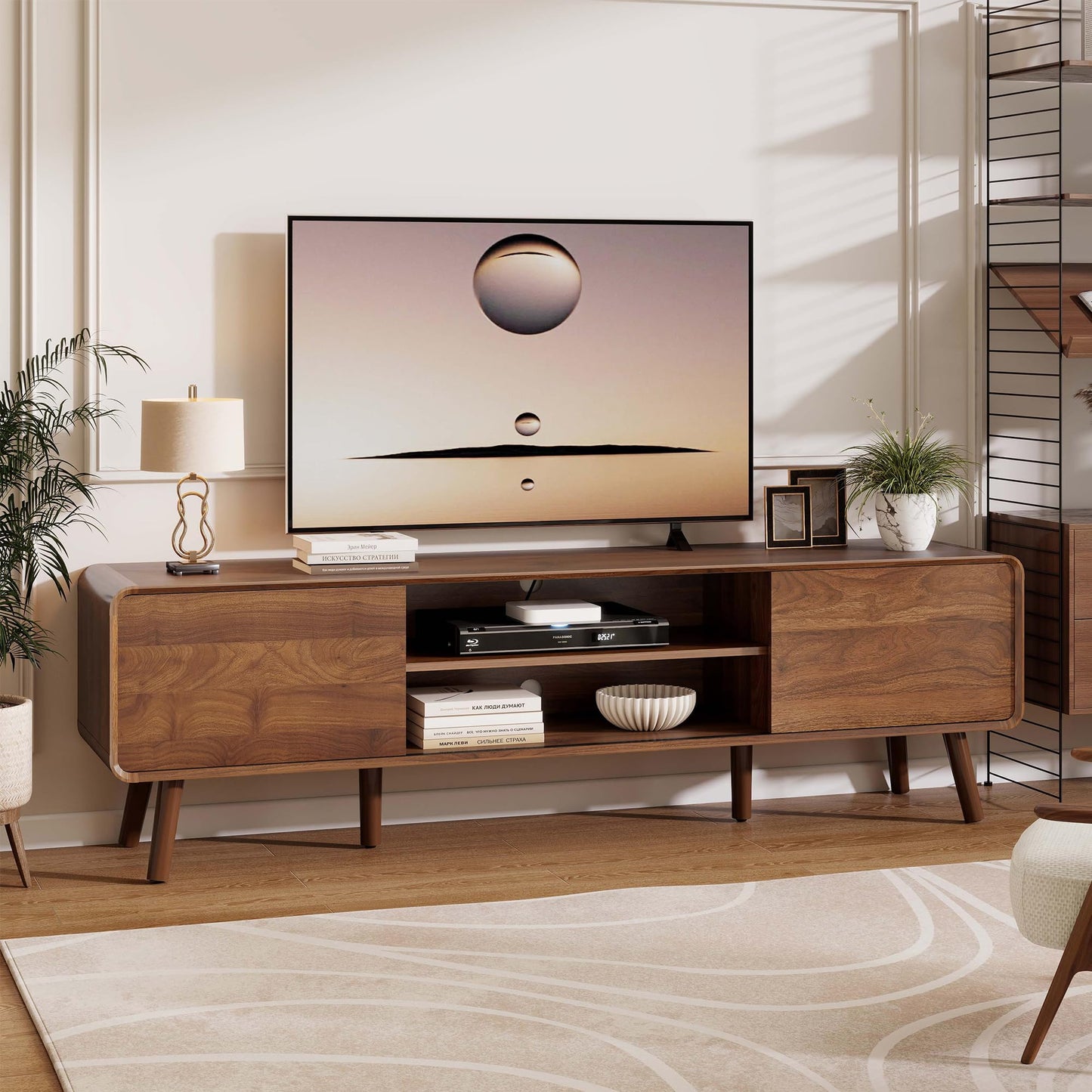 Nasonet 70" Mid Century Modern TV Stand for Tvs up to 80", Entertainment Center with Storage, Sideboard Media Console for Living Room with 2 Sliding Door/Adjustable Shelves, Walnut