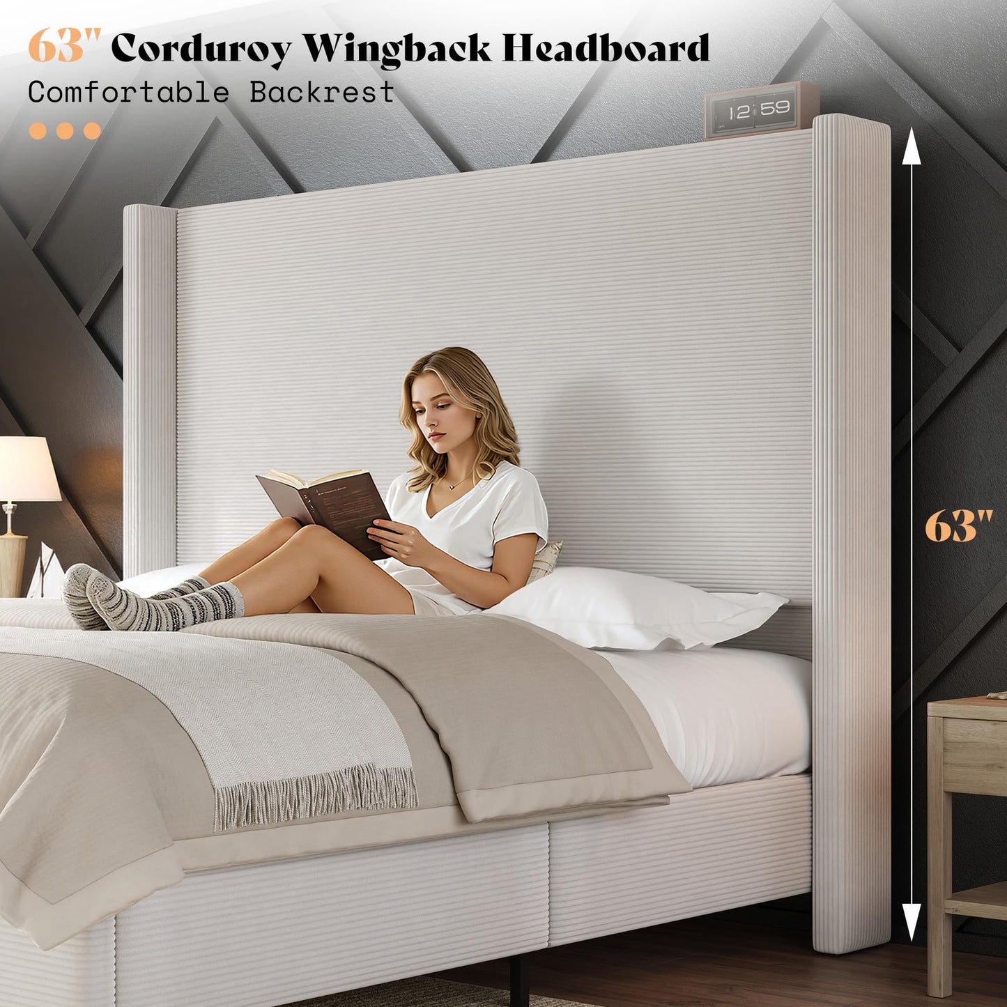 AMERLIFE Queen Bed Frame with 63" Tall Headboard, Upholstered Corduroy Bed Frame with Wingback, Platform Bed with Solid Wood Gourd Legs, Solid Slats, No Box Spring Needed, White
