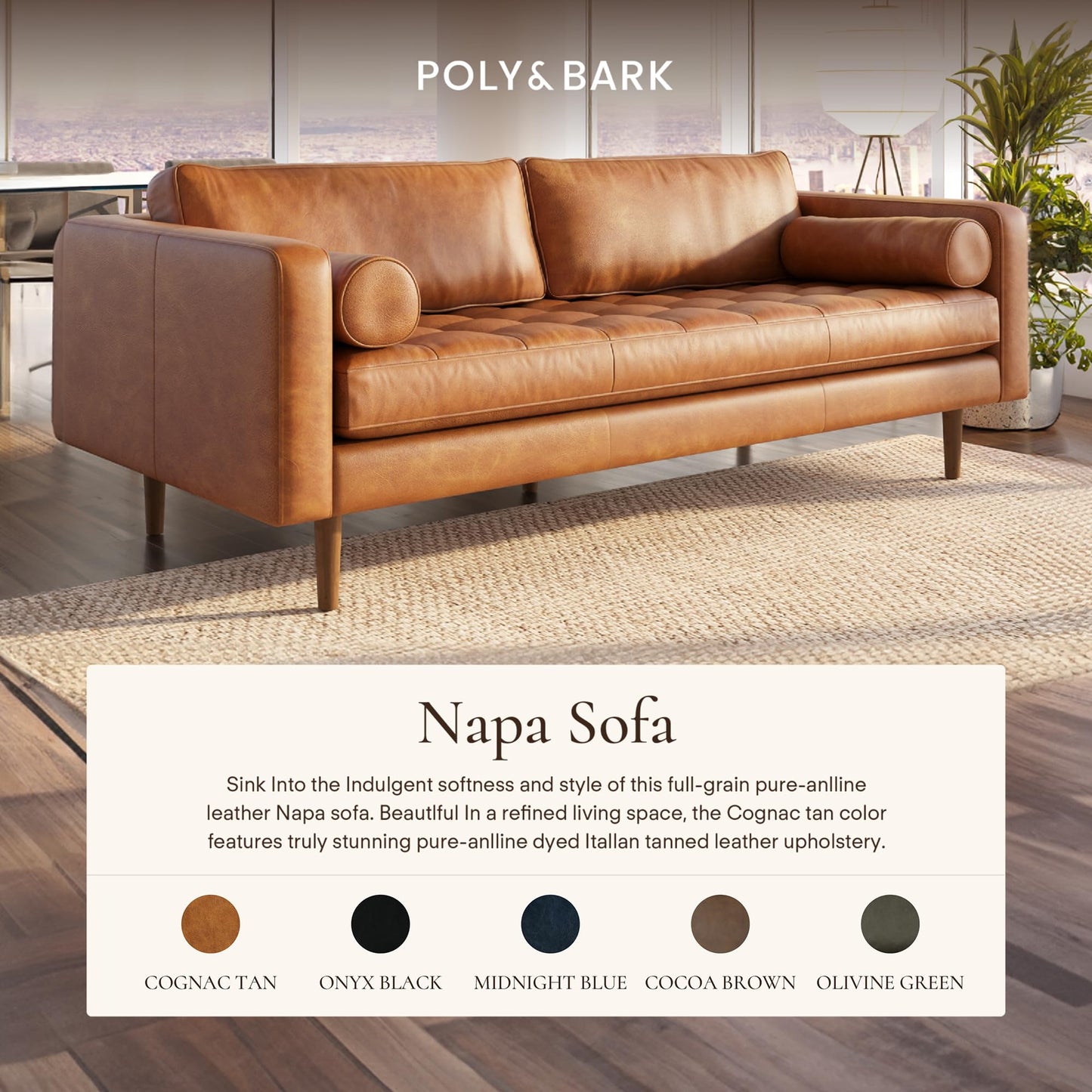 POLY & BARK Napa 88.5" Leather Sofa – Full-Grain Italian-Tanned Aniline Leather, Feather-Down Comfort, Solid Wood Frame, Walnut Legs, Cognac Tan