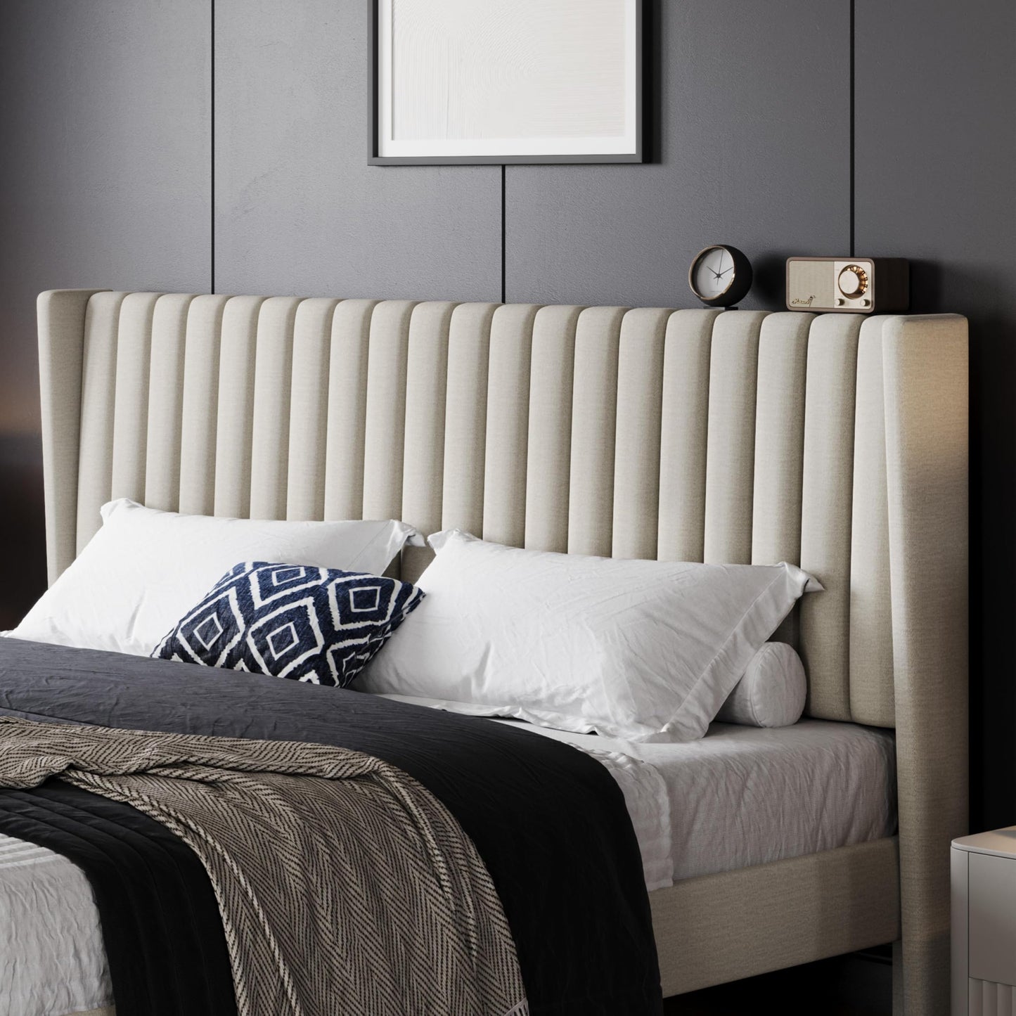 Yaheetech King Bed Frame Upholstered Platform Bed with Fabric Headboard, Wing Edge Design/Non-Slip and Noise-Free/Wooden Slats Support/No Box Spring Needed/Easy Assembly, Beige King Bed