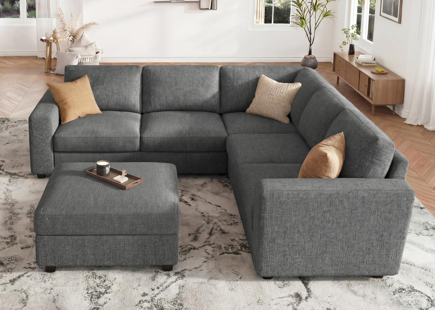 HONBAY Sectional Couch with Storage L-Shaped Sectional Couches for Living Room 6 Seater Sectional Sofa, Light Grey