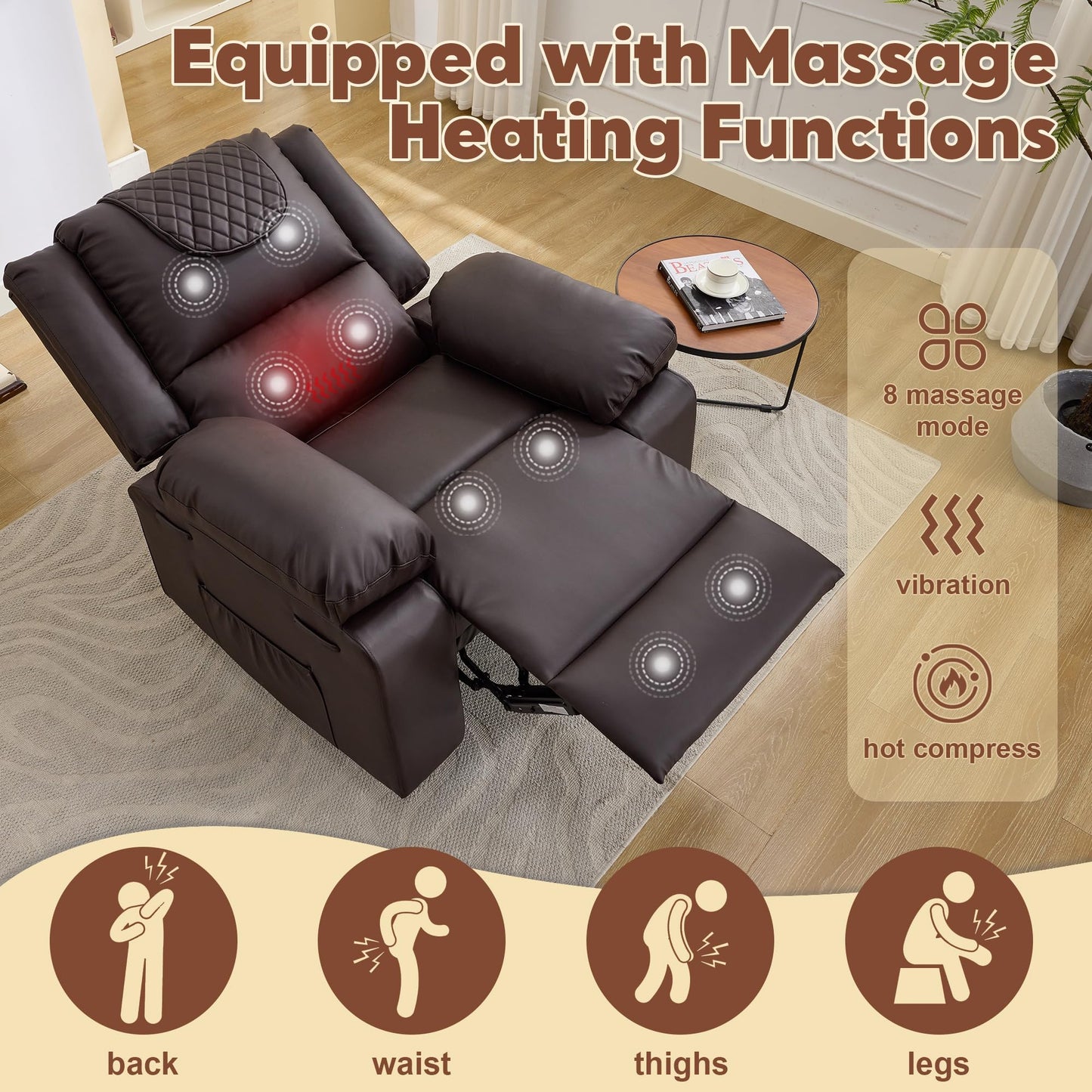 Manual Recliner Chair for Adults - 135° Front & Rear Adjustable, with Heating & Massage, Side Storage Pockets & Remote Control, Ideal for Living Room & Bedroom(Coffee)