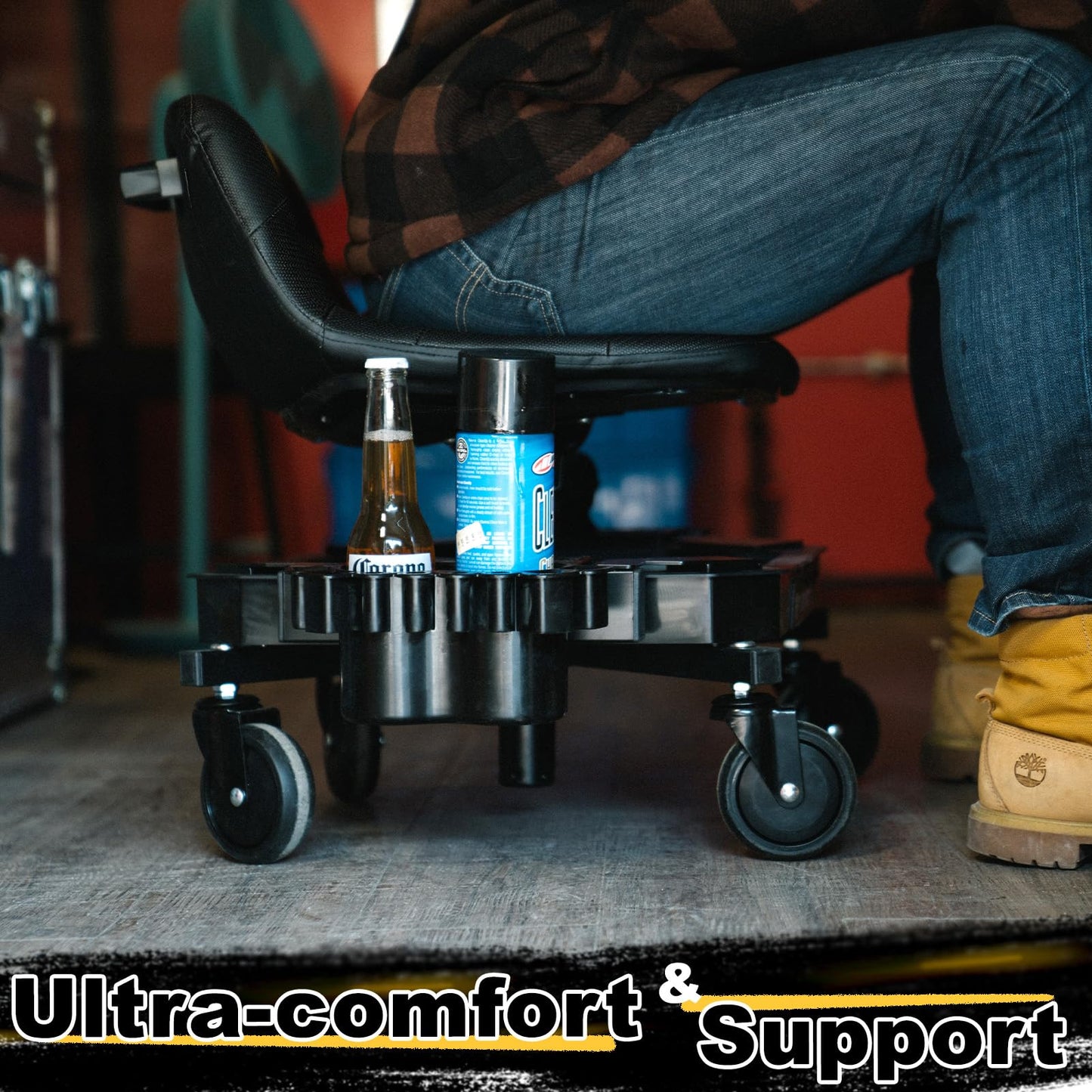 FREEKYROCK Rolling Stool with Wheels, Adjustable Height Pneumatic Garage Work Mechanic Stool Seat with Backrest, 400 LBS Capacity 360° Swivel Mechanic Crepper Chair with Tool Tray Storage, Yellow
